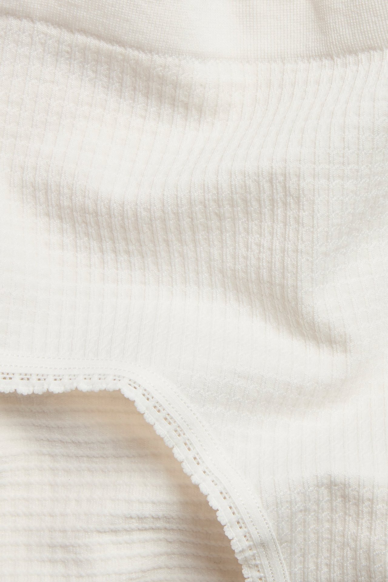 Zbliżenie białych, bezszwowych fig typu hipster ze strukturalnego materiału z miękką koronkową krawędzią.