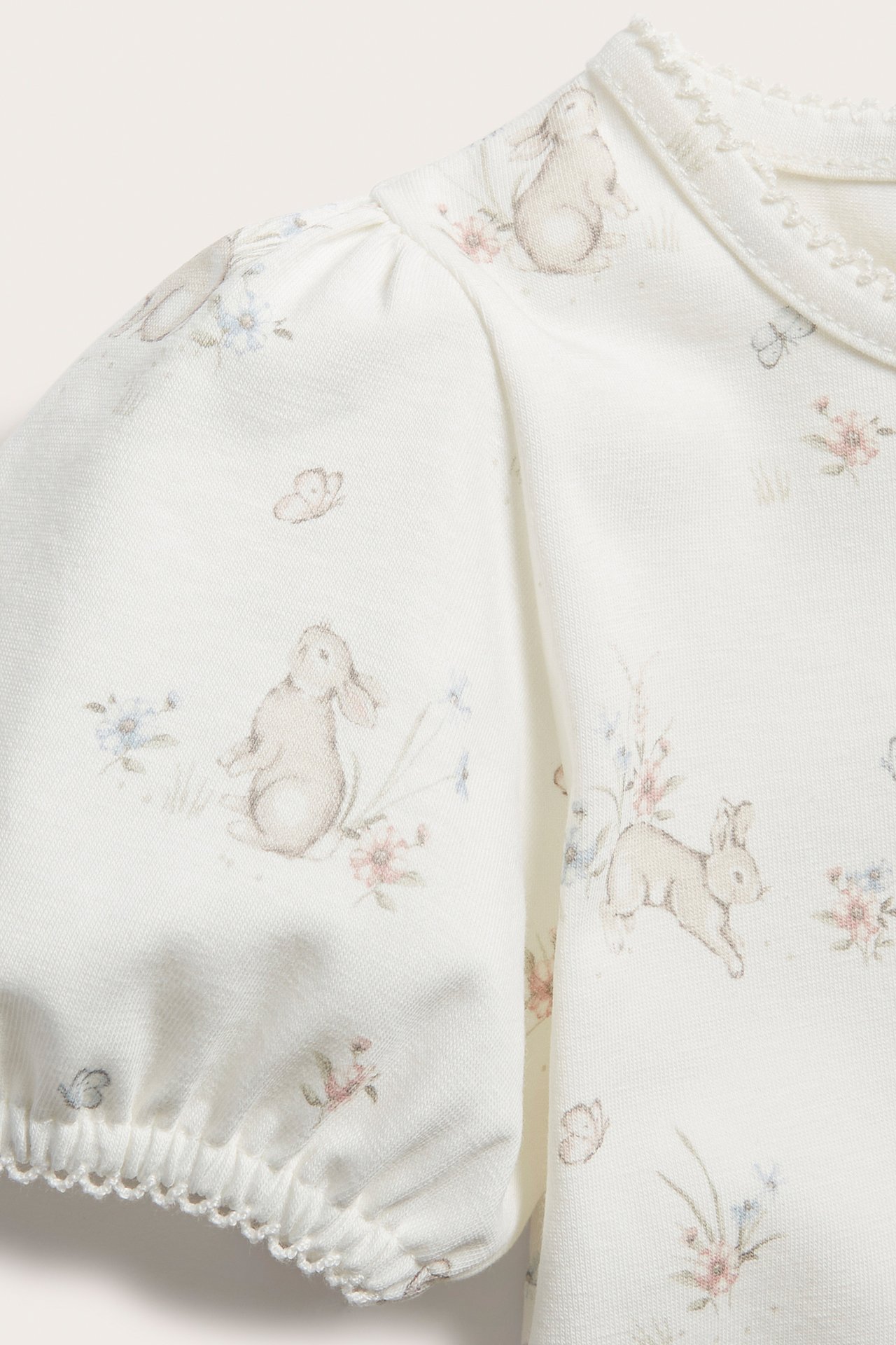Nærbilde av en offwhite babybody med kanin- og blomstermønster, korte puffermer og picotkant.