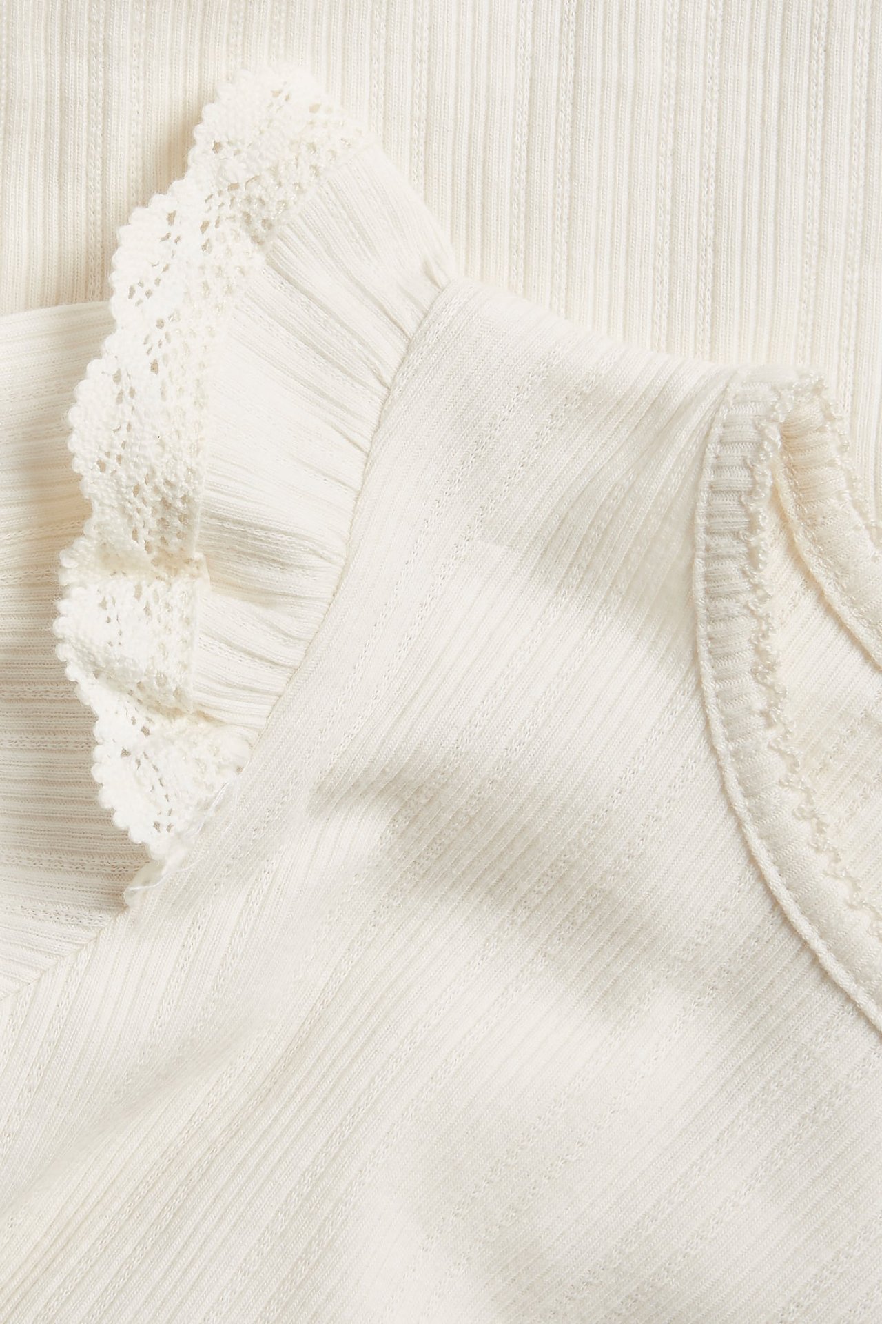 Närbild på en offwhite ribbad babybody med spetskantade volanger på axlarna och halsringningen.