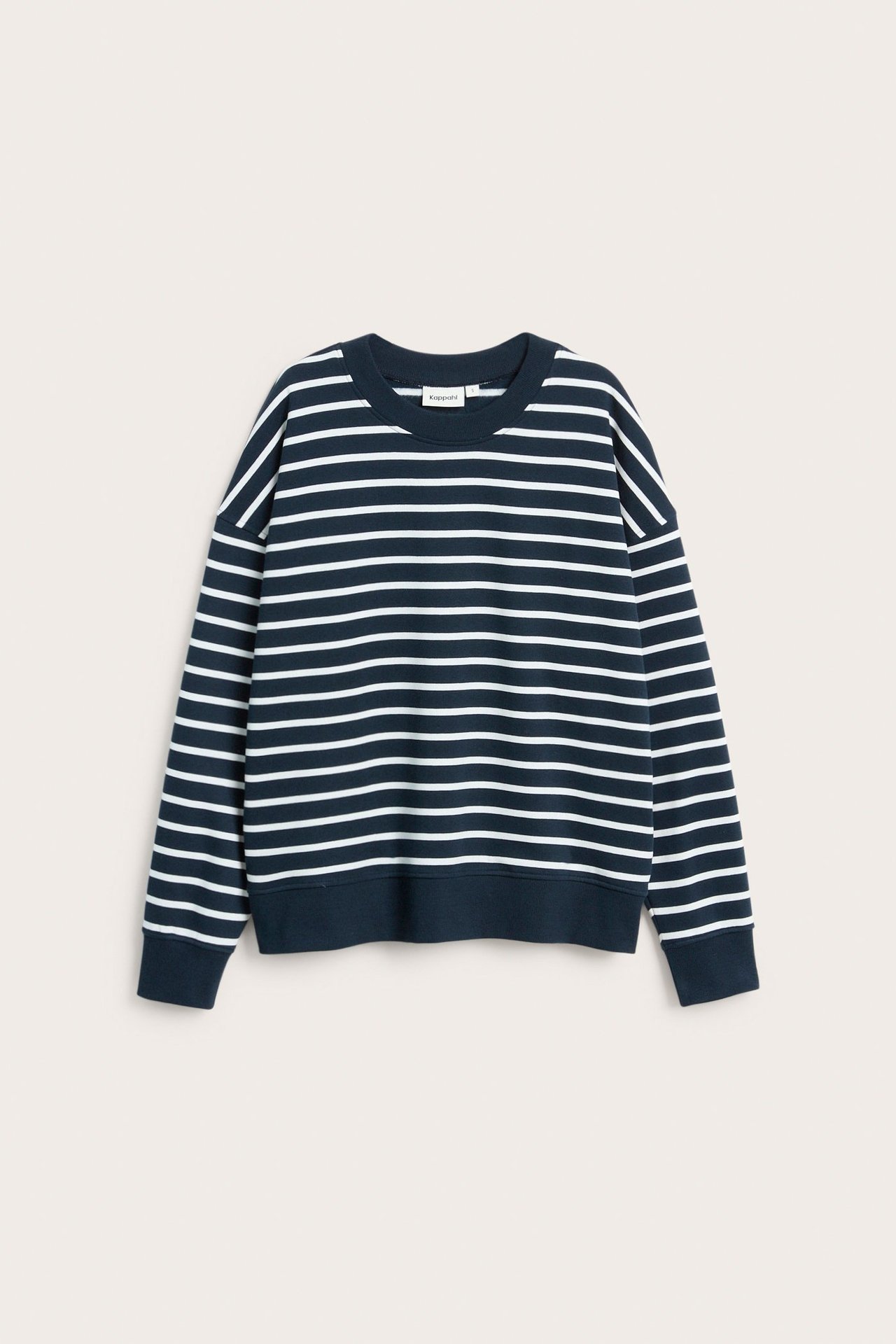 Frontvisning av en mørkeblå og hvitstripet sweatshirt i bomullsblanding med rund hals.