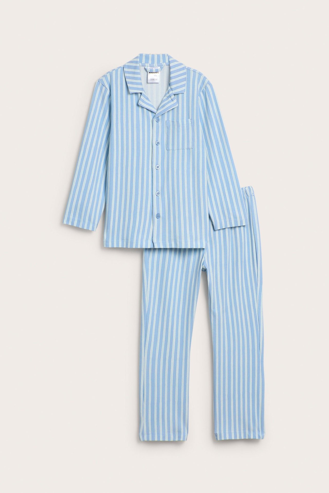 Widok z przodu: Dziecięca piżama w jasnoniebieskie i białe paski z dżerseju, zapinana na guziki.