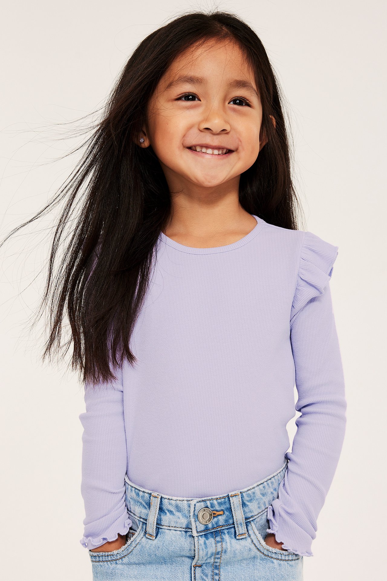 Ribbad långärmad topp - Ljuslila - 2