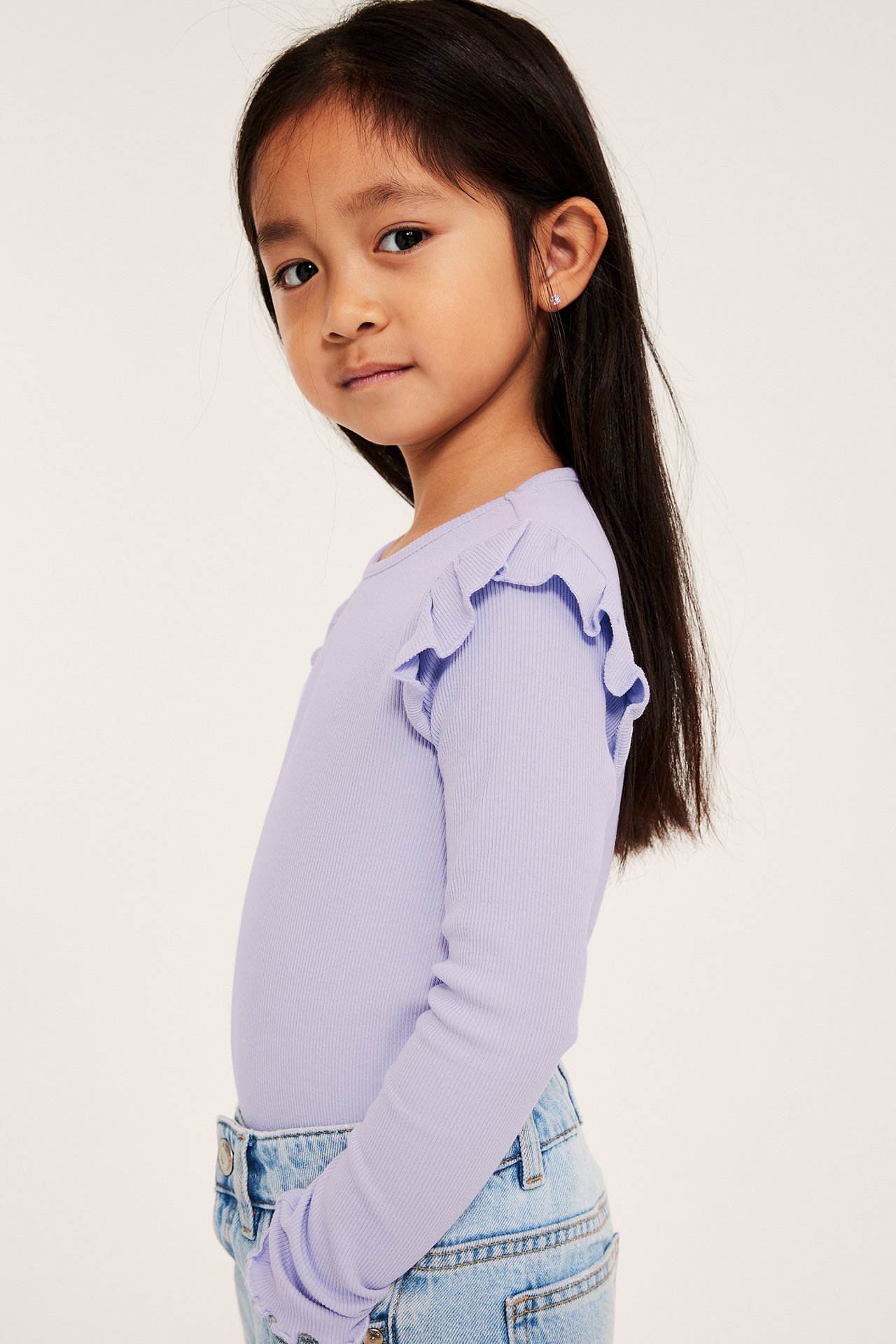 Ribbad långärmad topp - Ljuslila - 1