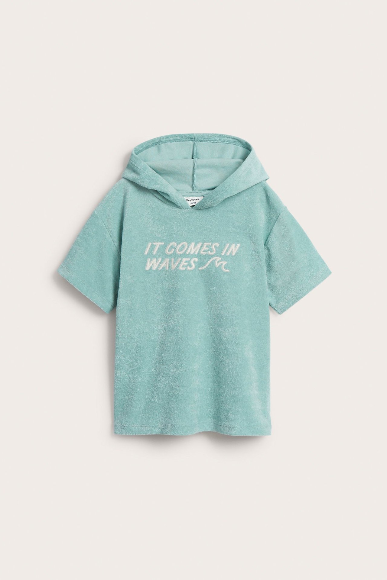 Frontvy av en ljusgrön oversized kortärmad frottéhoodie med "IT COMES IN WAVES"-brodyr.