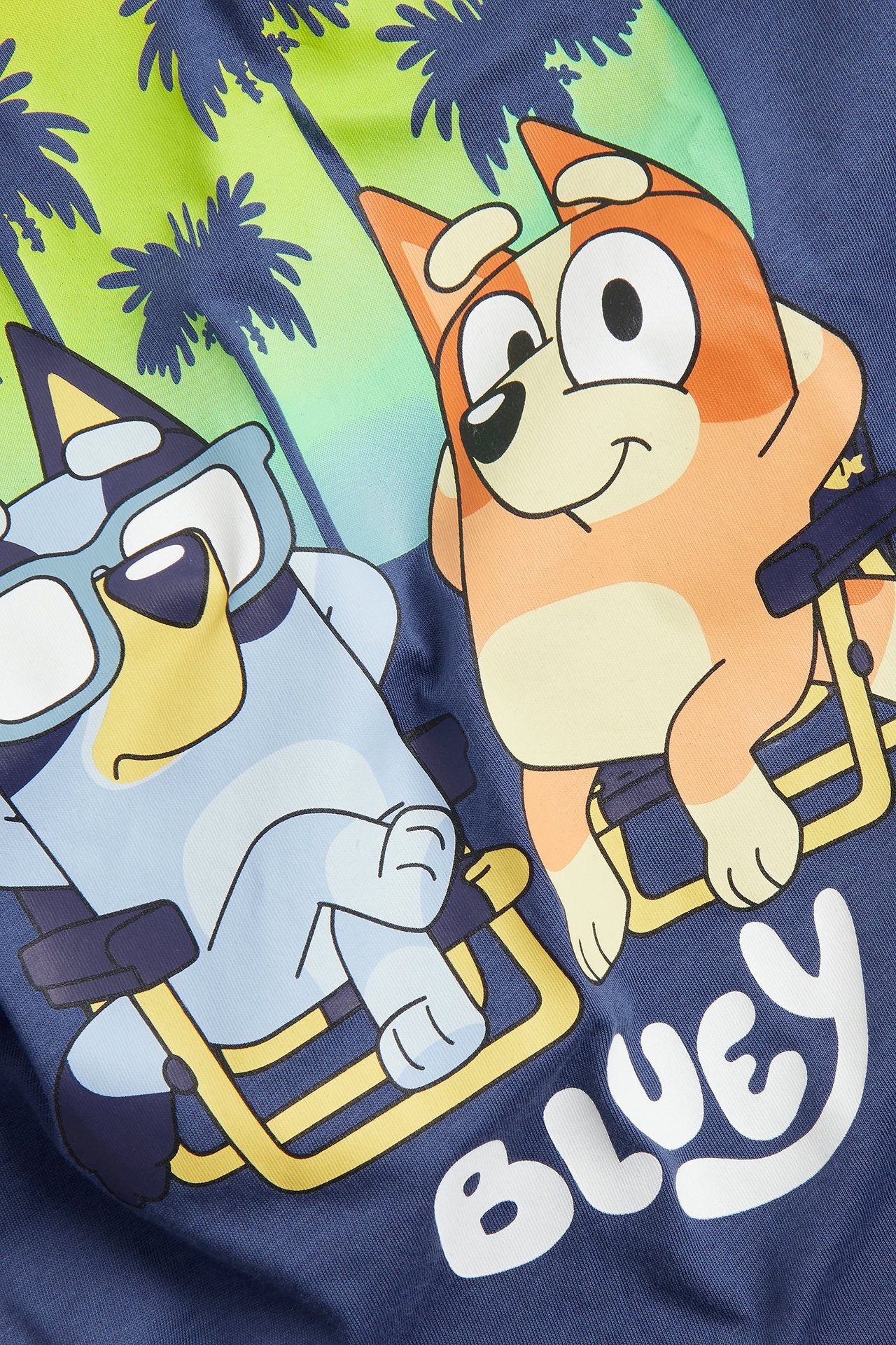 Zbliżenie na granatowy bawełniany T-shirt dziecięcy z dużym nadrukiem Bluey i Bingo na plaży z przodu.