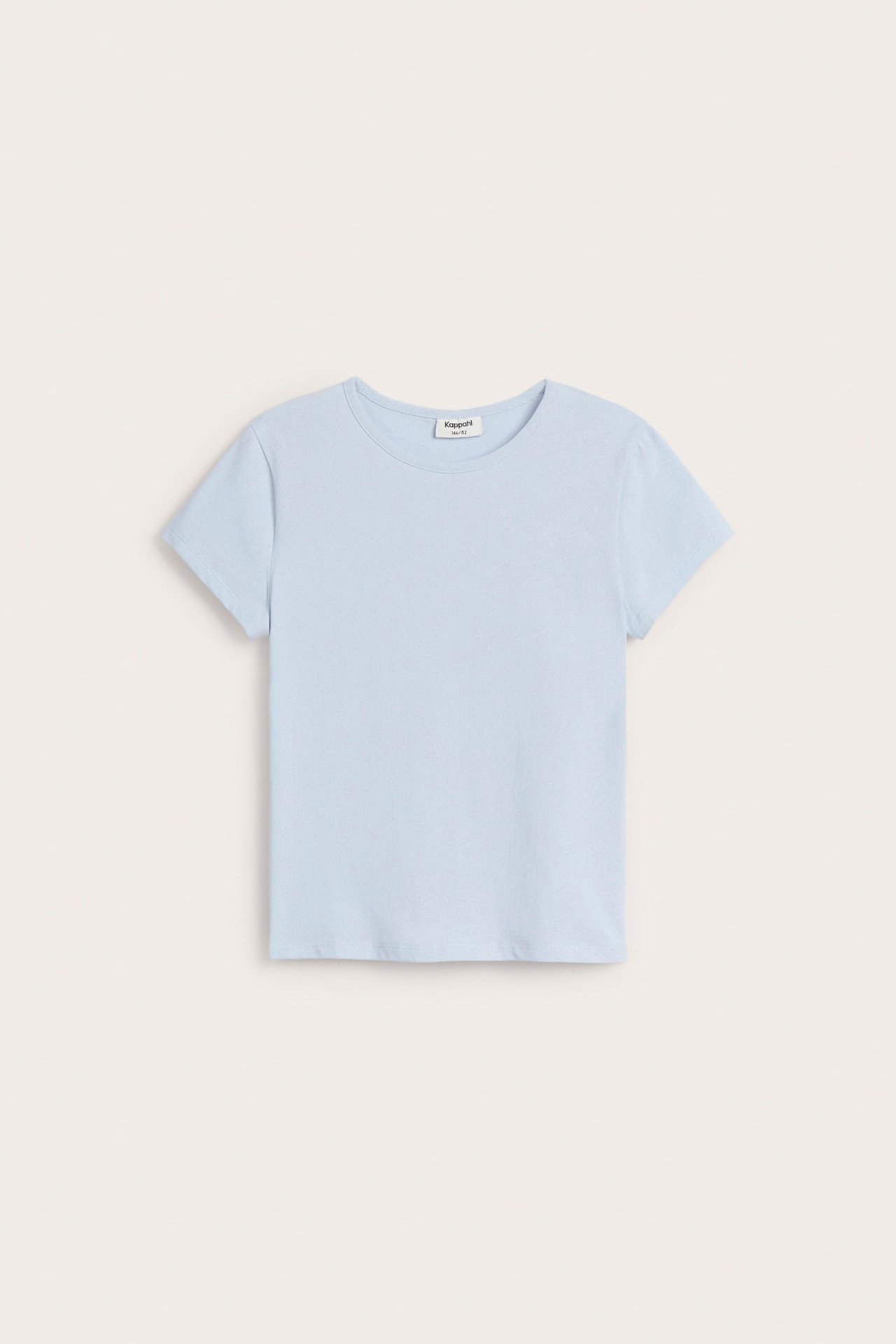 Frontvy av en enfärgad ljusblå kortärmad t-shirt i bomullsblandning med rund hals.