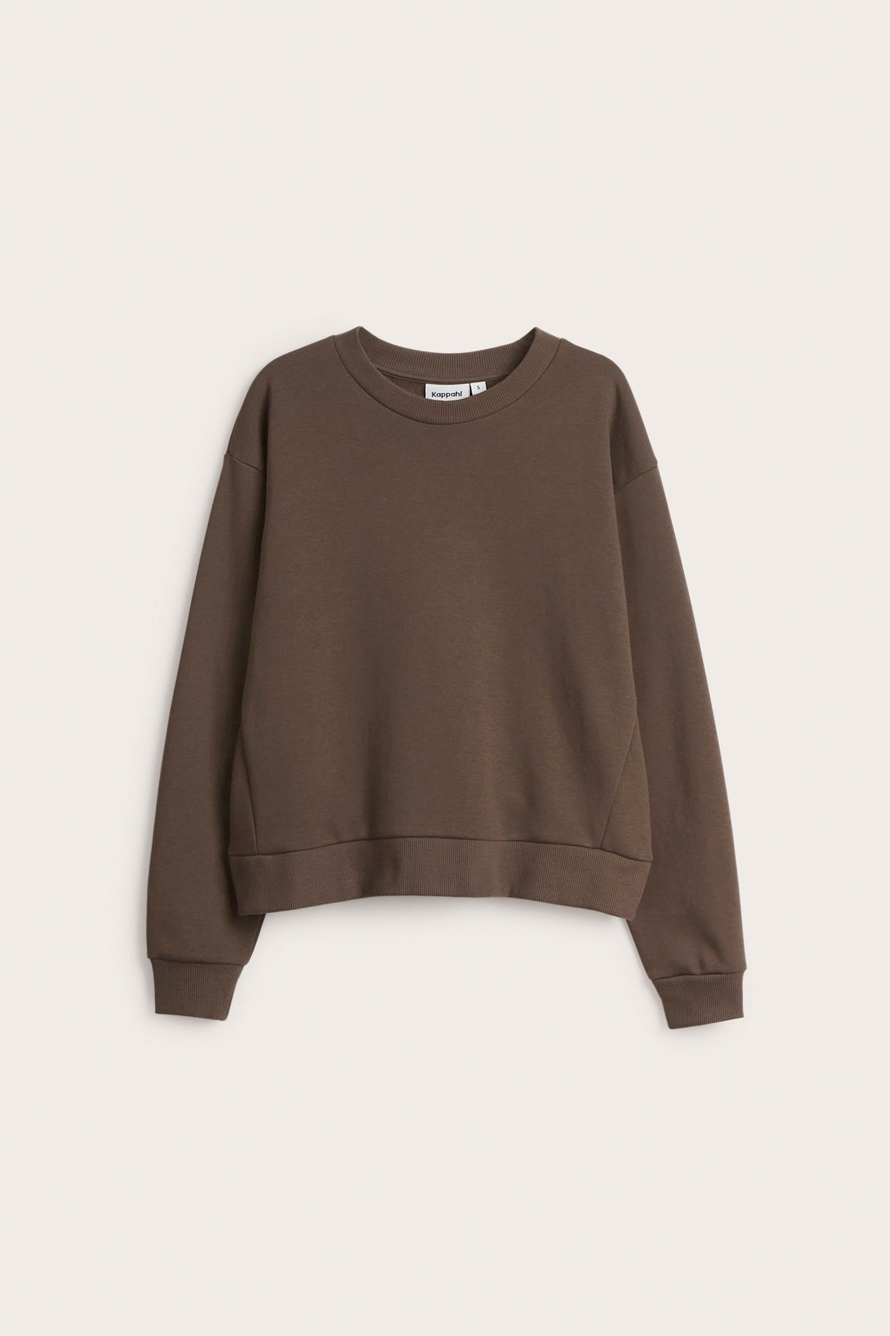 Widok z przodu: ciemnobrązowa, jednolita bluza z okrągłym dekoltem i długimi rękawami.