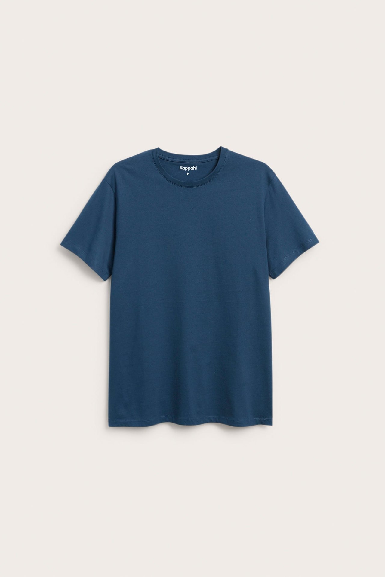 Framifrån, en blå herr t-shirt i regular fit med korta ärmar och rund hals i ekologisk bomull.