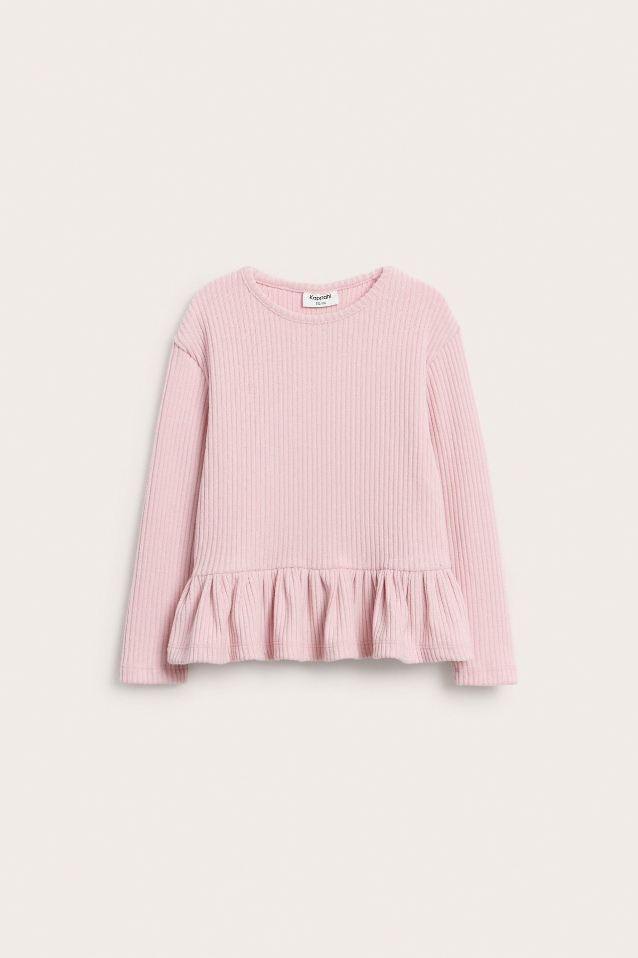 Långärmad ljusrosa peplum-top i ribbad kvalité för barn, enfärgad.