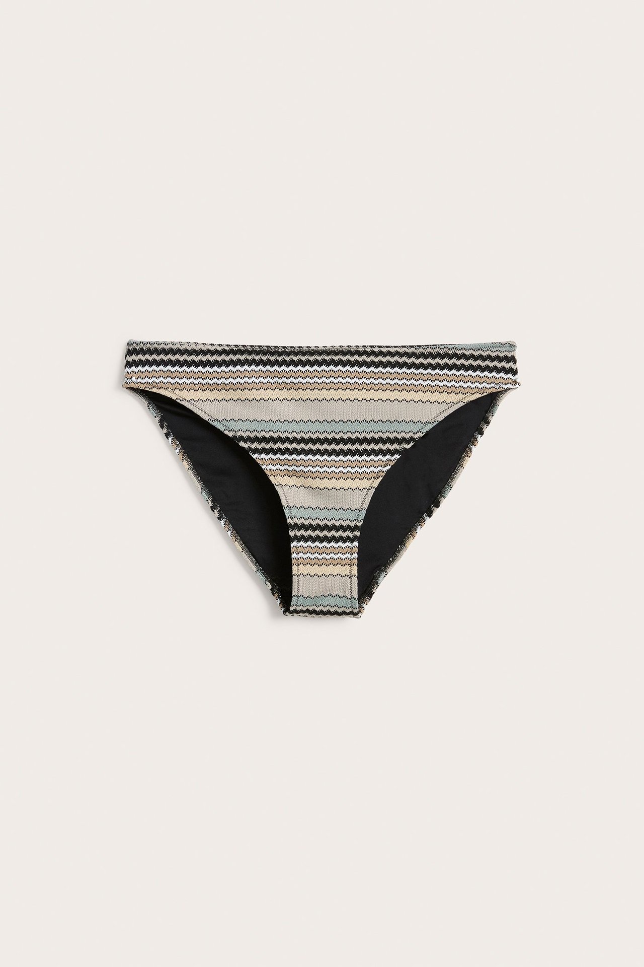 Widok z przodu: damskie figi kąpielowe z wysokim stanem, w ciemnobeżowe faliste paski.