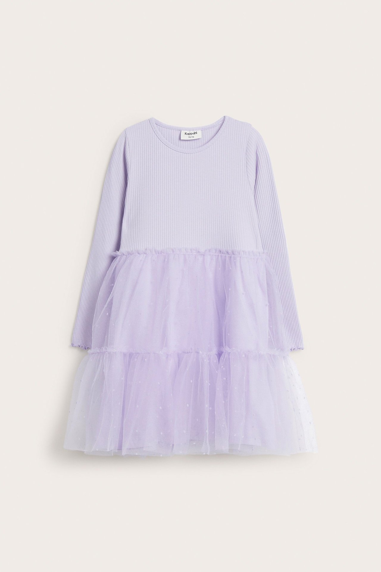 Widok z przodu: Dziecięca jasnoliliowa sukienka w prążki z warstwową tiulową spódnicą w kropki.