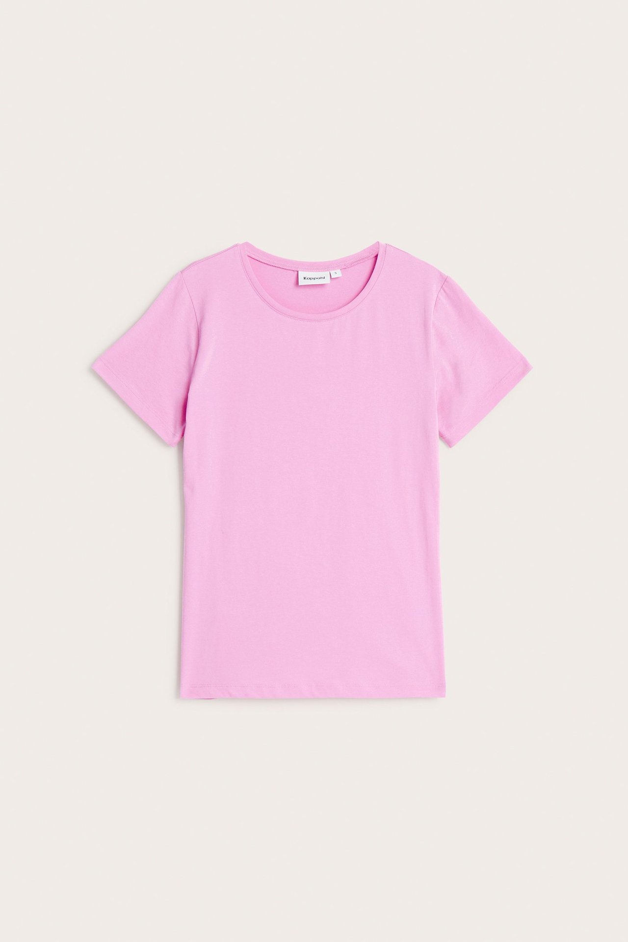 Frontvisning av en ensfarget rosa kortermet basetopp med rund hals i bomullsblanding.