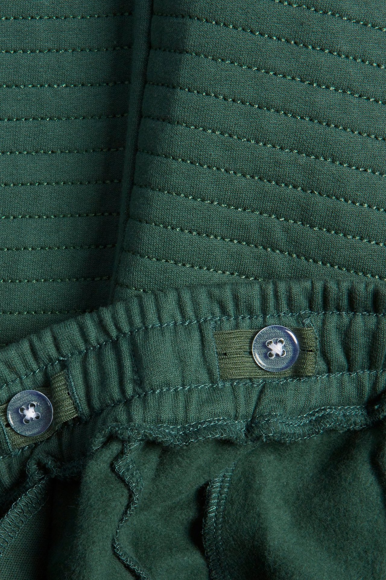 Lähikuva vihreistä collegehousuista, joissa tikatut vahvistetut polvet, säädettävä nappivyötärö ja harjattu sisäpuoli.