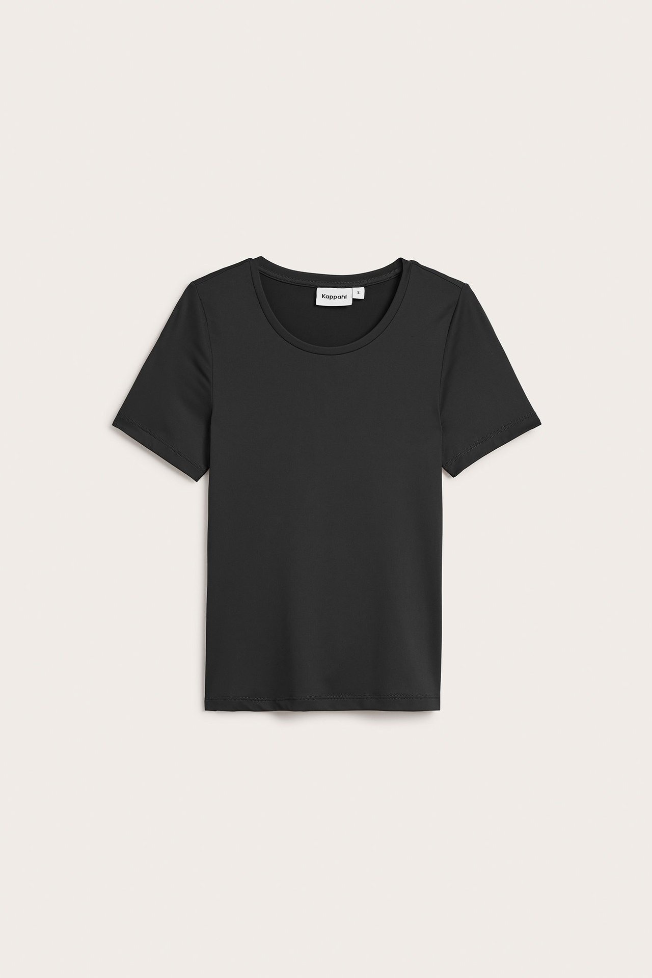 Frontvisning av en ensfarget svart kortermet t-skjorte med rund hals, i polyamidblanding.