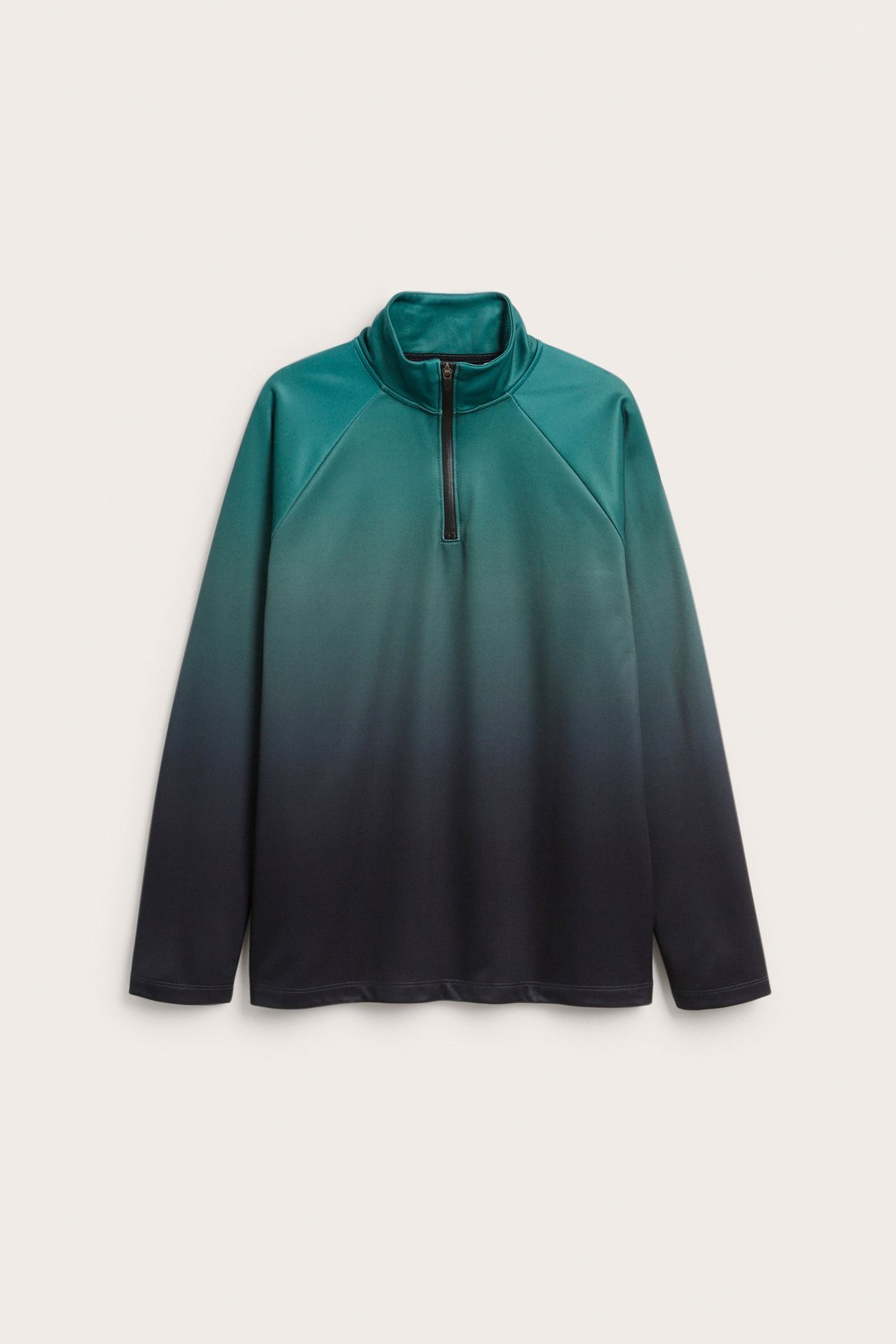 Widok z przodu długiej poliestrowej koszulki treningowej z efektem dip-dye od turkusowego do czarnego i czarnym półzamkiem.