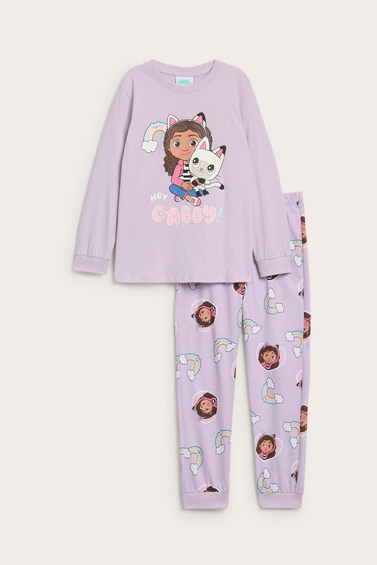 Widok z przodu: dziecięca piżama z jasnofioletowej bawełny z nadrukiem "Gabby's Dollhouse".