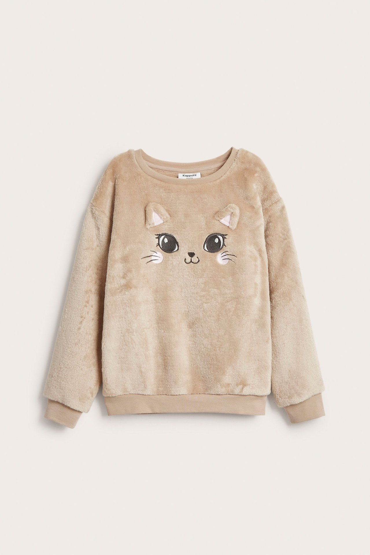 Widok z przodu beżowej, puszystej bluzy dziecięcej z aplikacją kociej twarzy i uszu z przodu.
