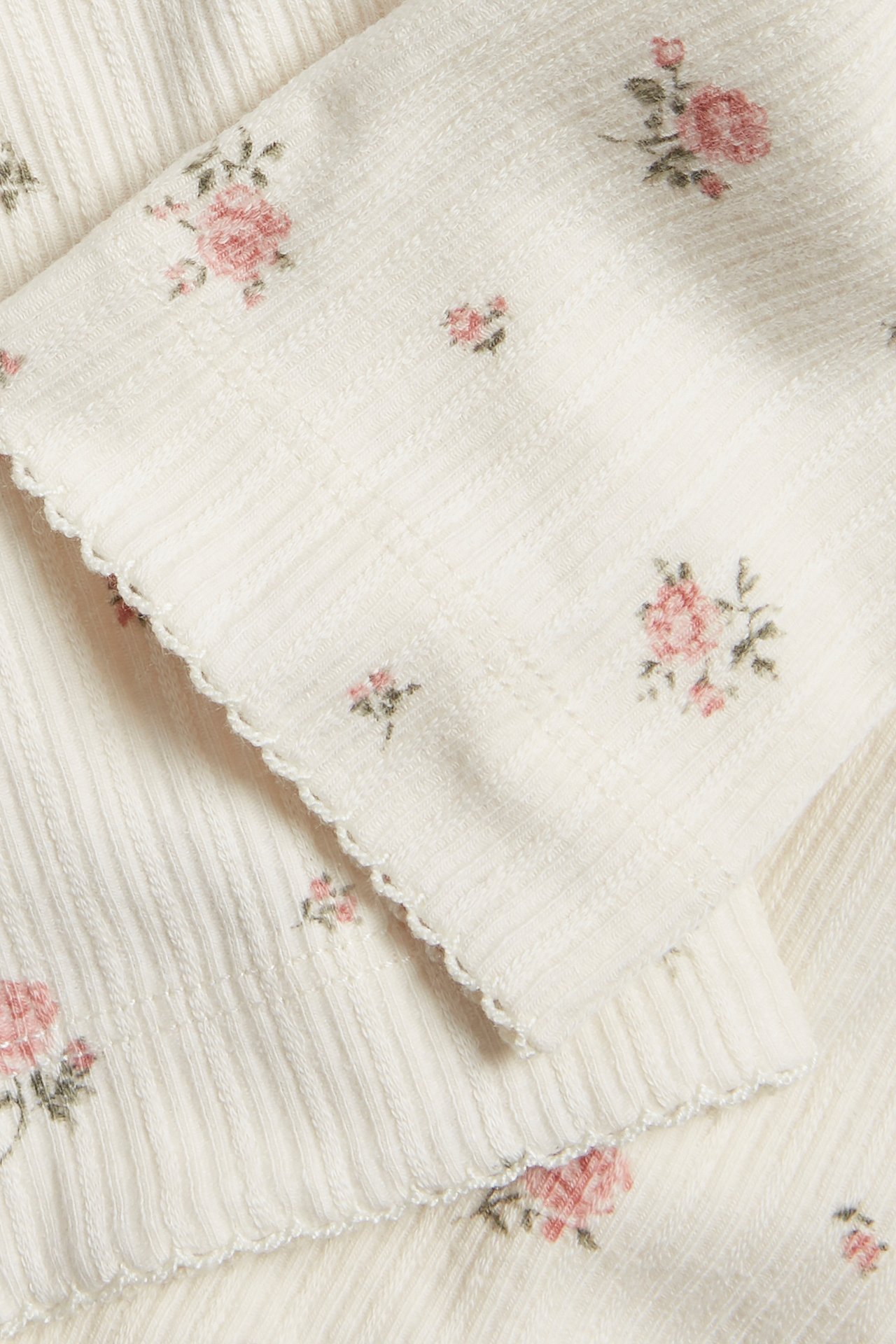 Ribbestrikket leggings med blomster - Offwhite - 1