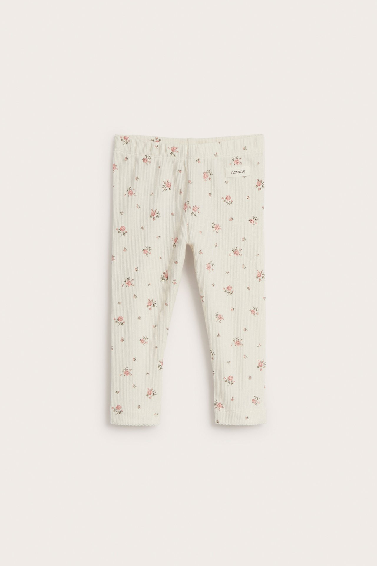 Ribbestrikket leggings med blomster - Offwhite - 2