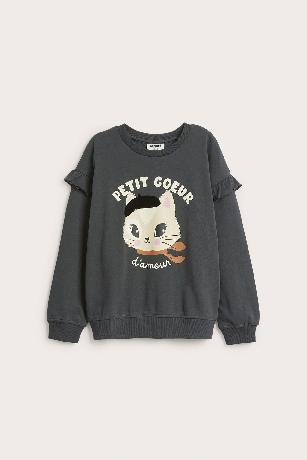 Widok z przodu: Dziecięca ciemnoszara bawełniana bluza z nadrukiem kota z przodu i falbankami na rękawach.