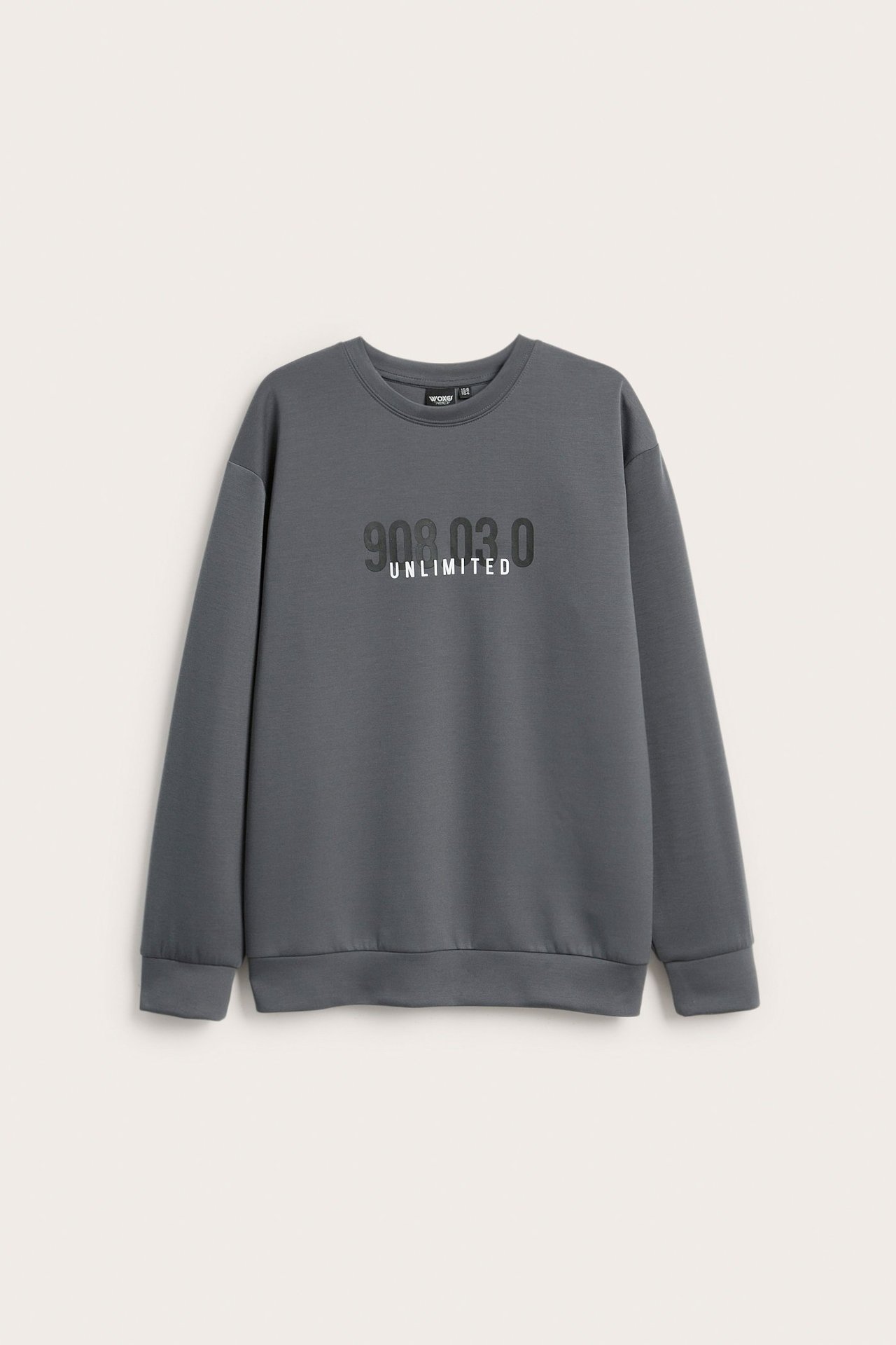 Widok z przodu szarej bluzy dresowej interlock dla dziecka z nadrukiem '908.03.0 UNLIMITED' z przodu.