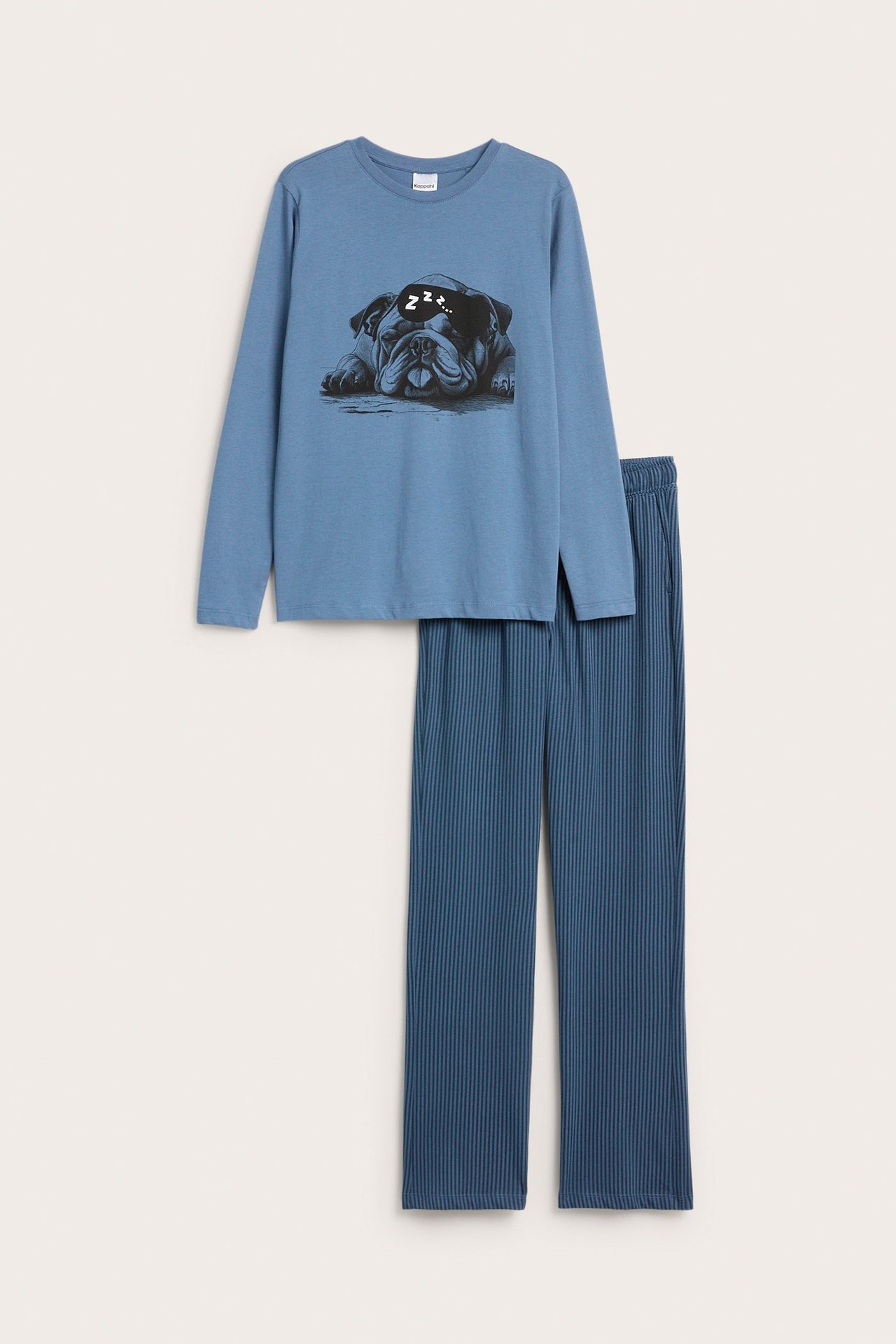 Widok z przodu: niebieska bawełniana piżama dziecięca, koszulka z długim rękawem i prążkowane spodnie.