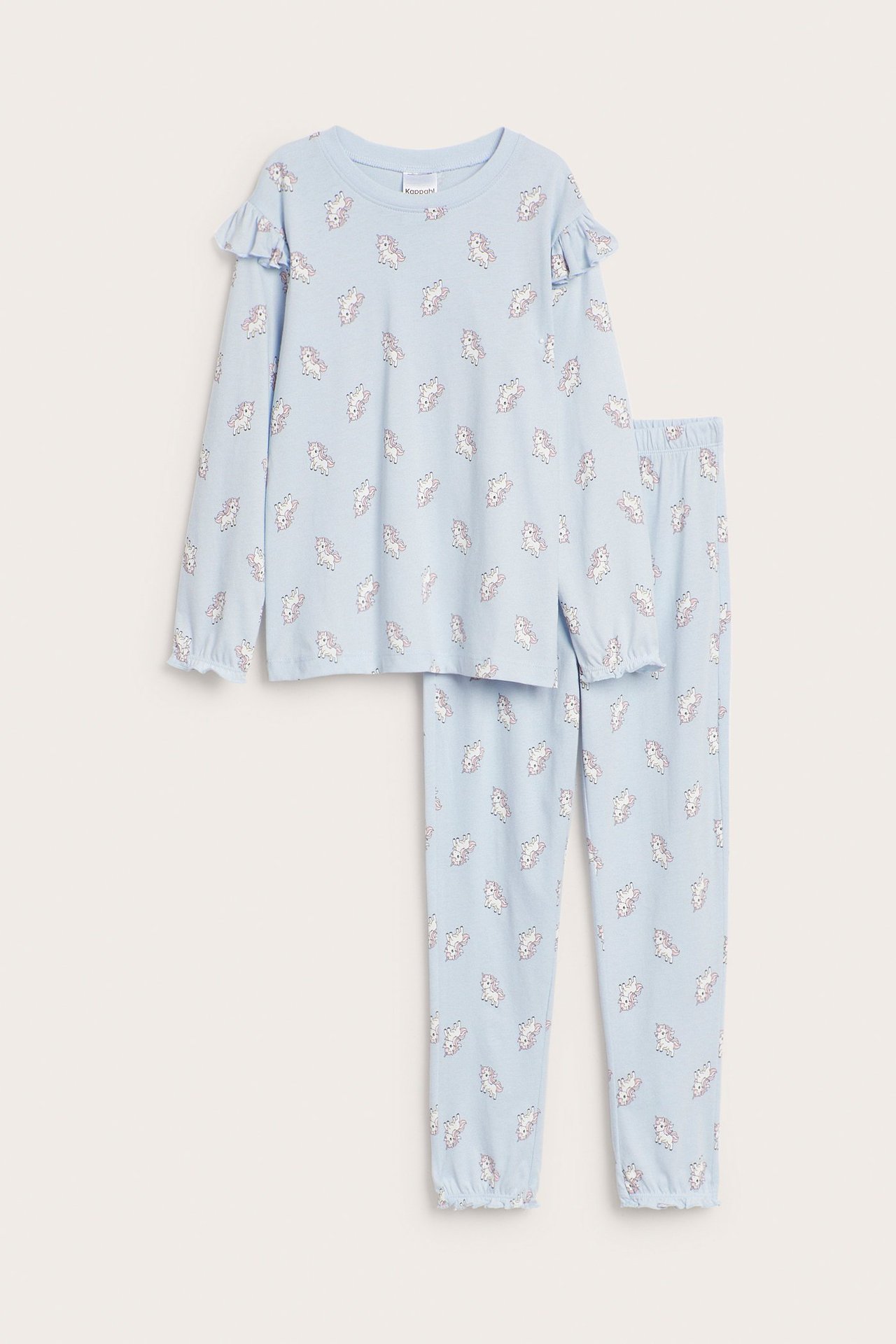 Widok z przodu: Dziecięca jasnoniebieska piżama bawełniana z wzorem jednorożców, falbankami na ramionach i ściągaczami.