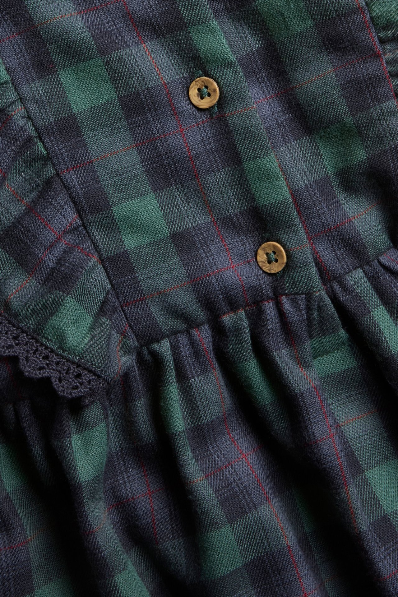 Zbliżenie niebiesko-zielonej sukienki ogrodniczki w kratę z drewnianymi guzikami i koronkowym wykończeniem.