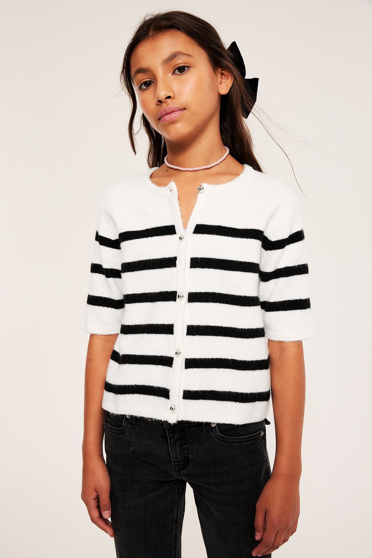 Stripete kortermet cardigan - Offwhite - 4