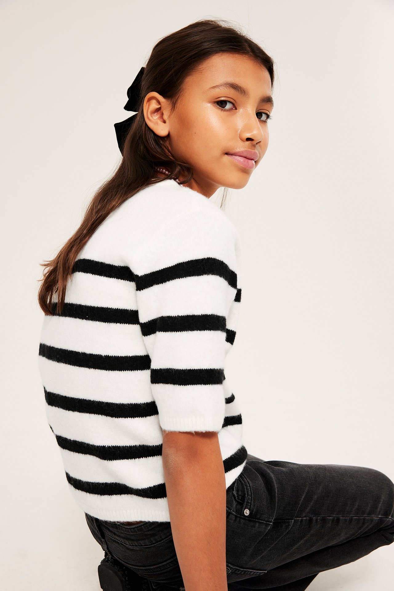 Stripete kortermet cardigan - Offwhite - 6