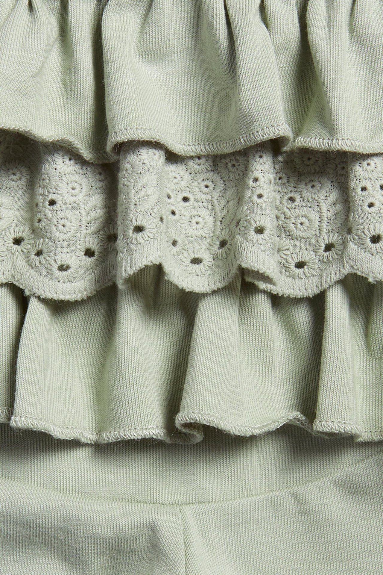 Zbliżenie z tyłu na jasnozielone legginsy niemowlęce z falbankami i koronką.