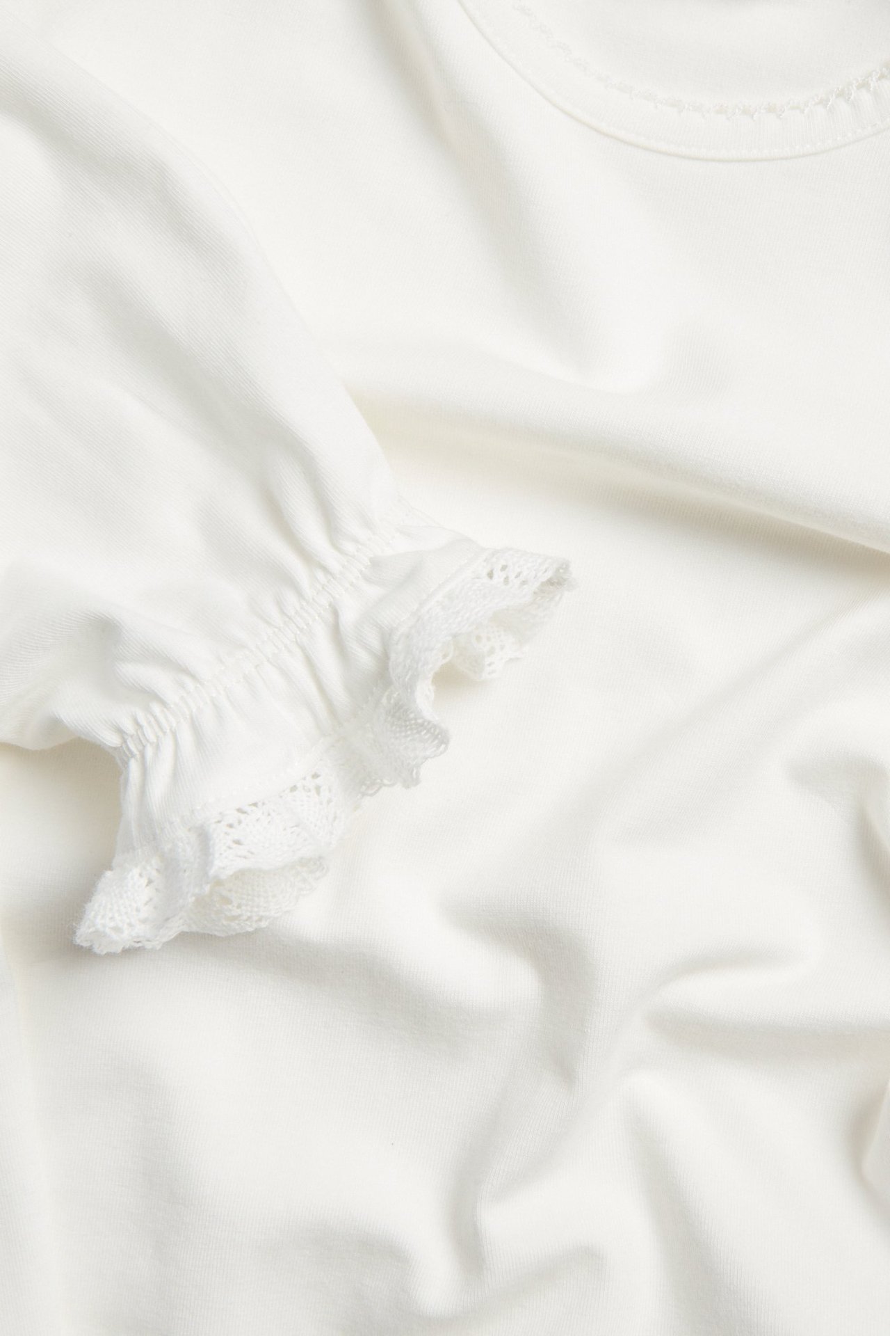 Närbild på en offwhite långärmad topp med picotkant i halsringning och volangärmslut med spets.