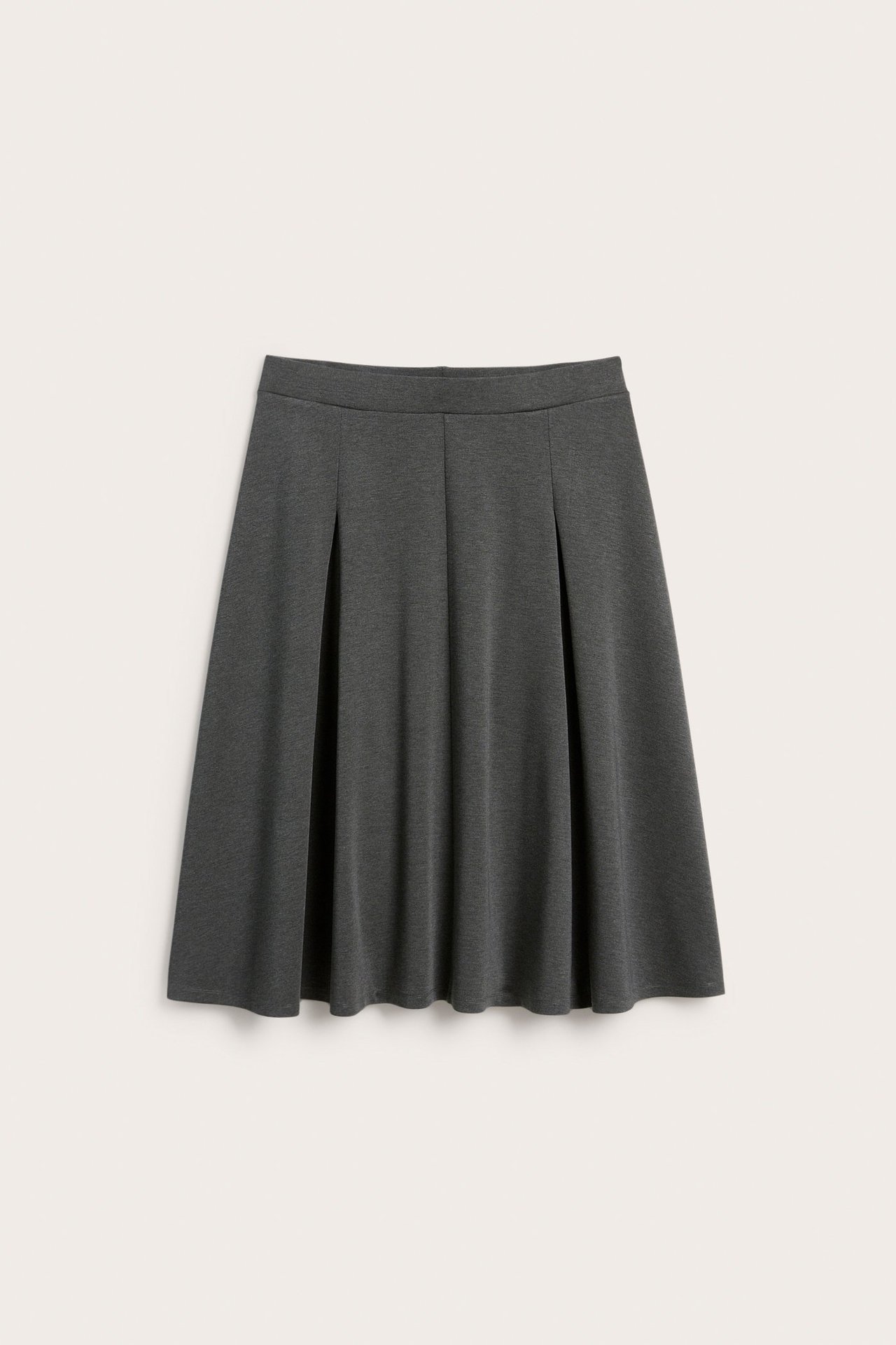 Edestä, tummanharmaa meleerattu kellohame, jossa on laskoksia.