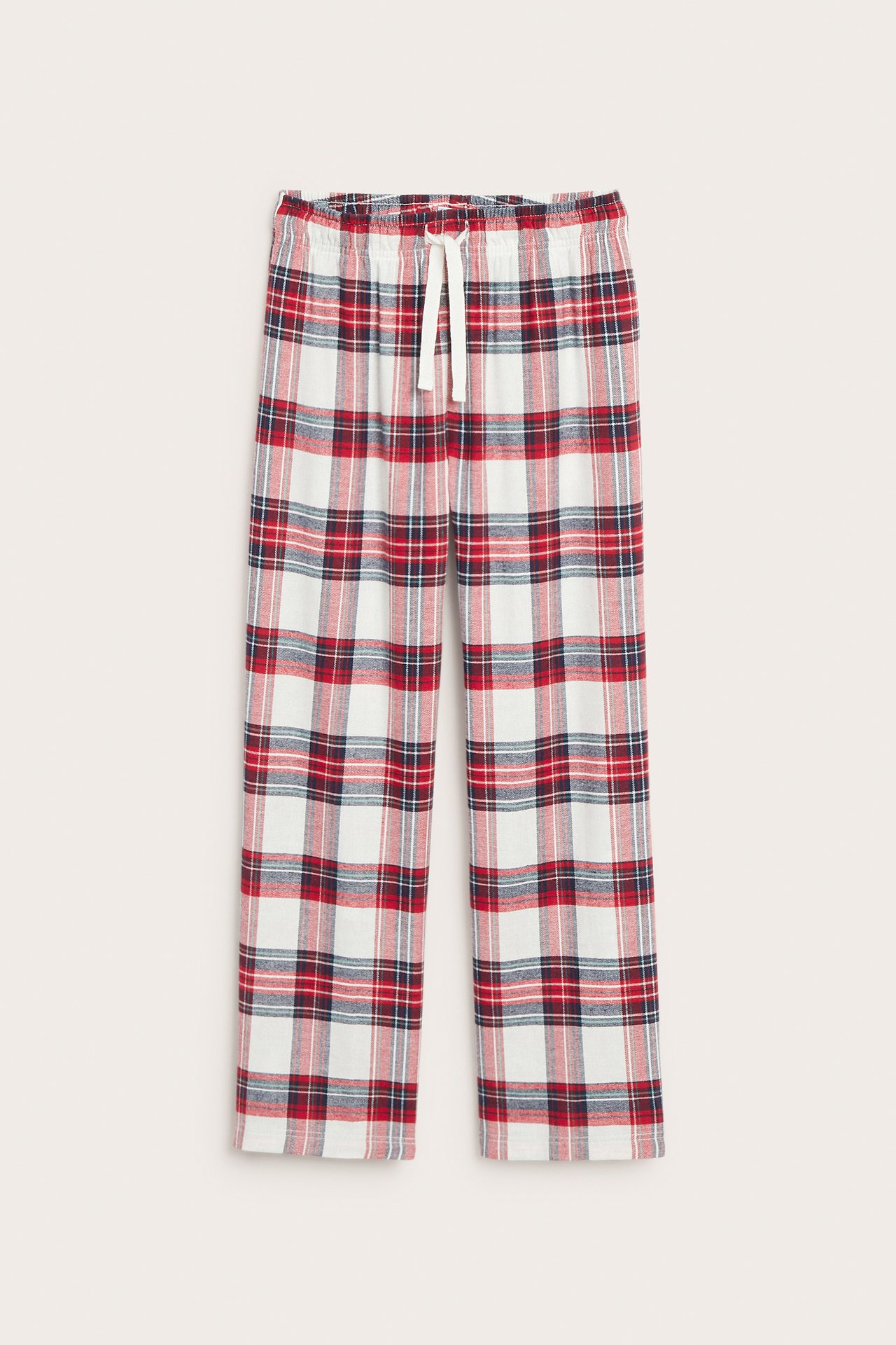 Frontbilde av røde, hvite og marineblå rutete flanellpyjamasbukser med hvit snøring.