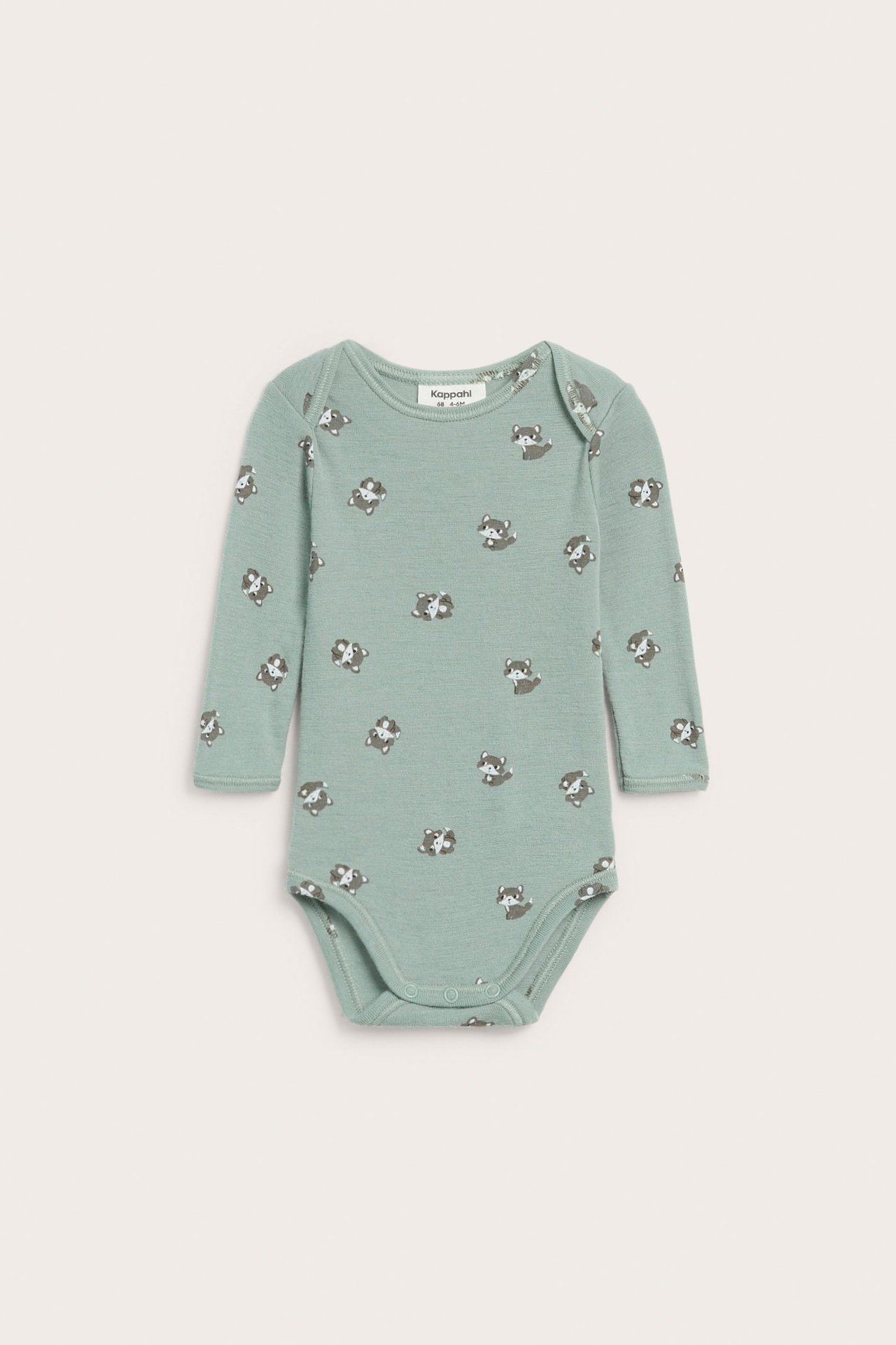 Edestä, vaaleanvihreä merinovillainen vauvan body, jossa toistuva kettukuvio ja nepparit.