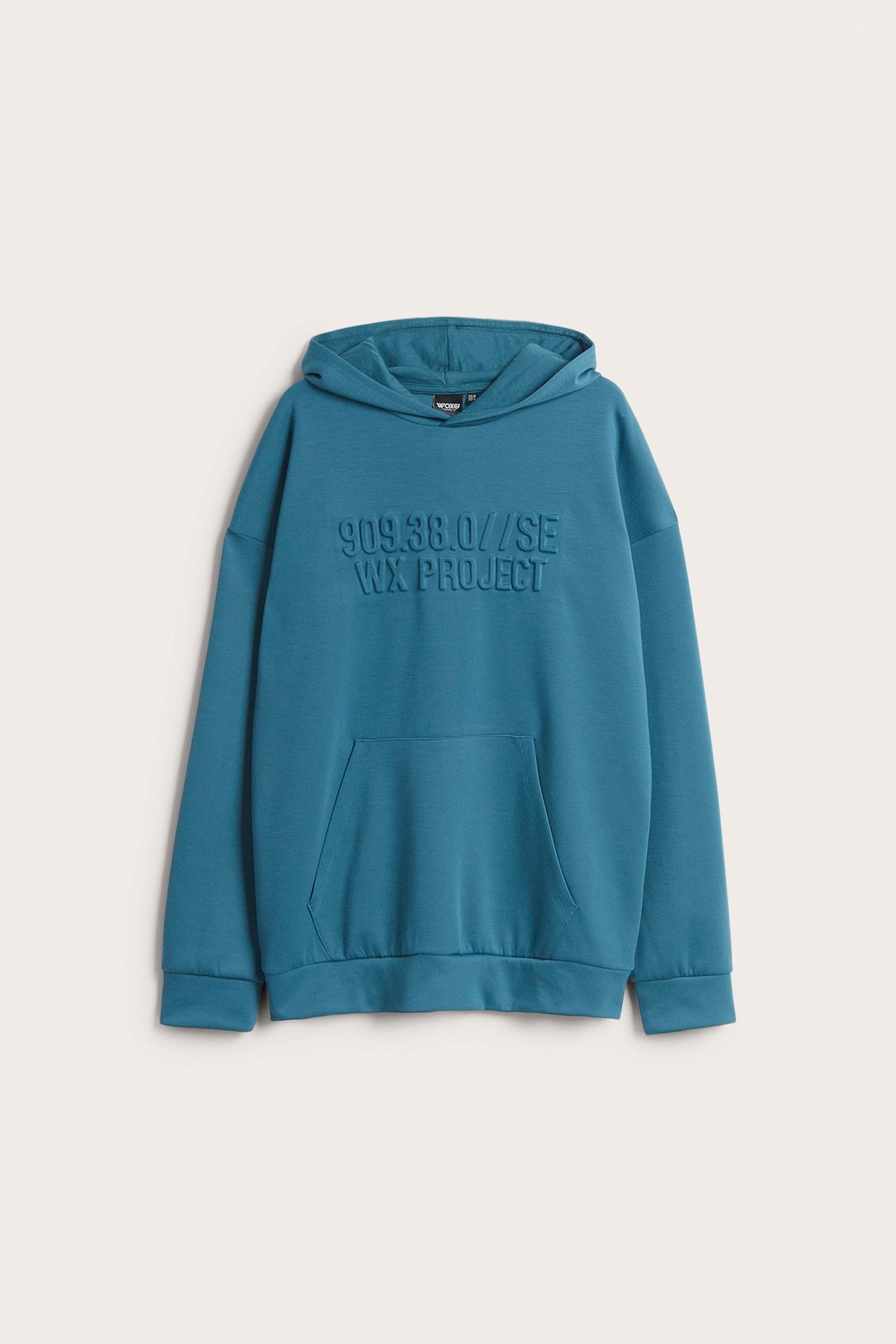 Widok z przodu zielonej bluzy oversize z kapturem, z nadrukiem 3D i kieszenią kangurką.