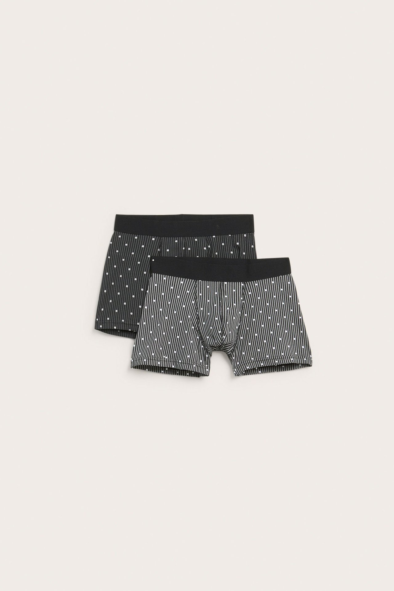 Frontvisning av to brettede svarte herrebokser med hvite striper og prikker.