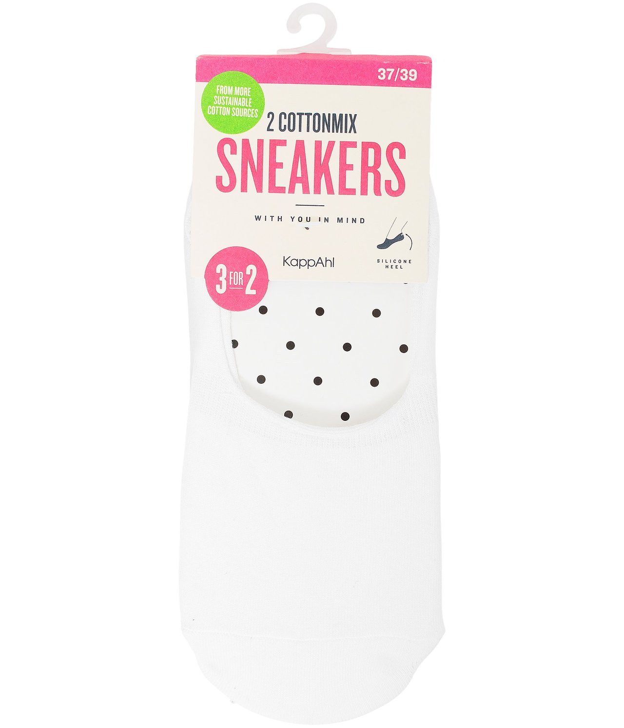 Widok z przodu: dwupak białych bawełnianych skarpetek typu stopki z silikonowymi kropkami na pięcie.