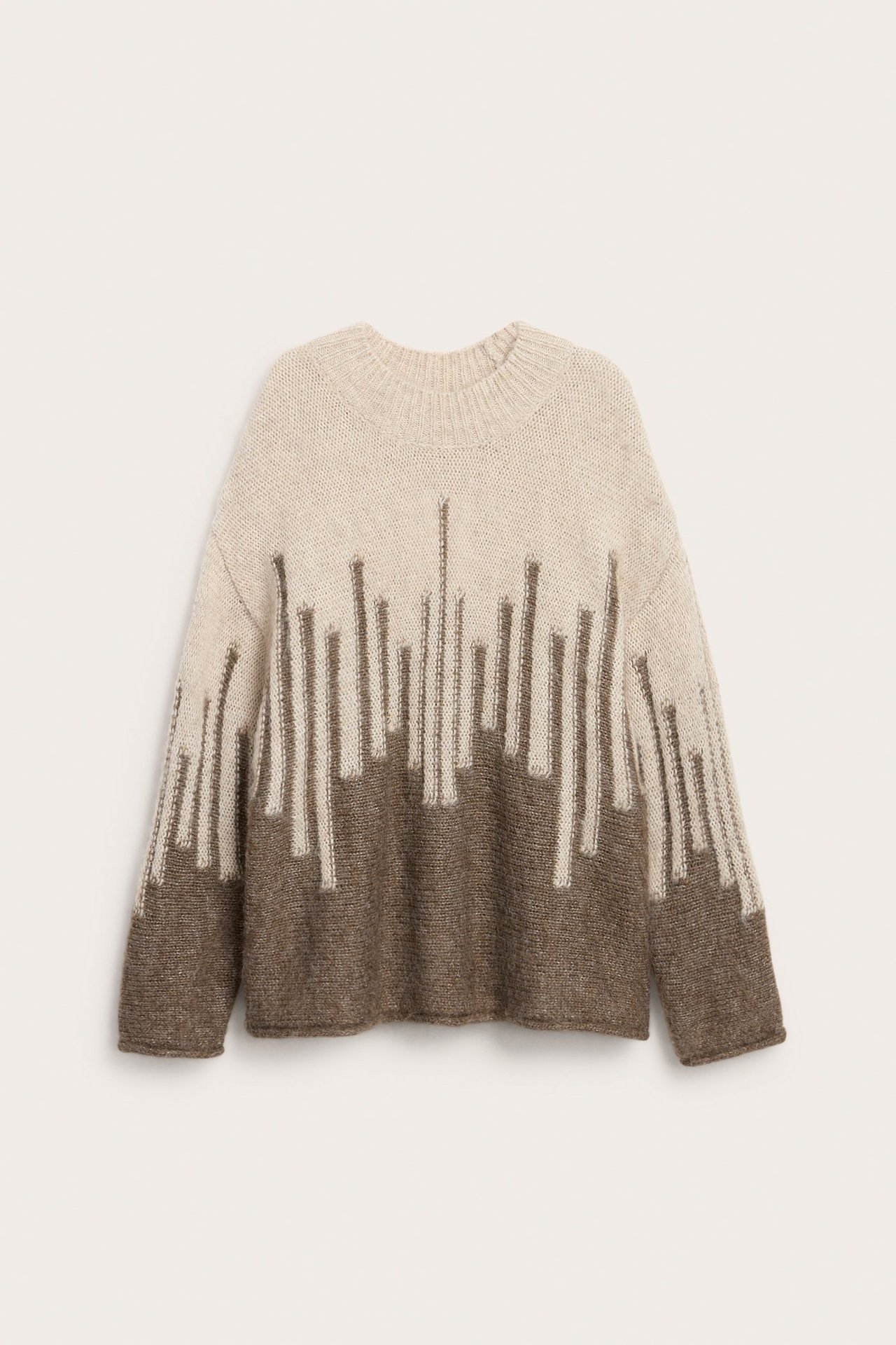 Edestä löysä beige ja ruskeanmelange villasekoitteinen neulepusero jacquard-kuviolla.