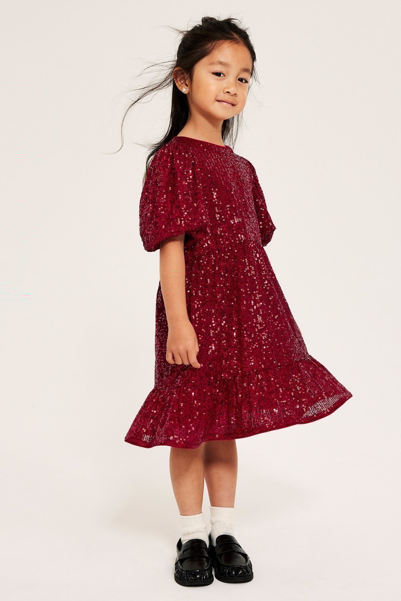 Czerwona sukienka z cekinami, puff kerą, z guzikiem z tyłu, podszewka, dla dzieci, rozmiary 92–134.
