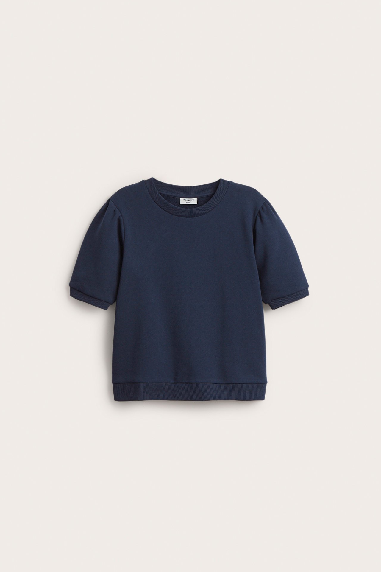 Framifrån: Mörkblå kortärmad sweatshirt i bomullsjersey för barn med puffärmar och ribbad nederkant.