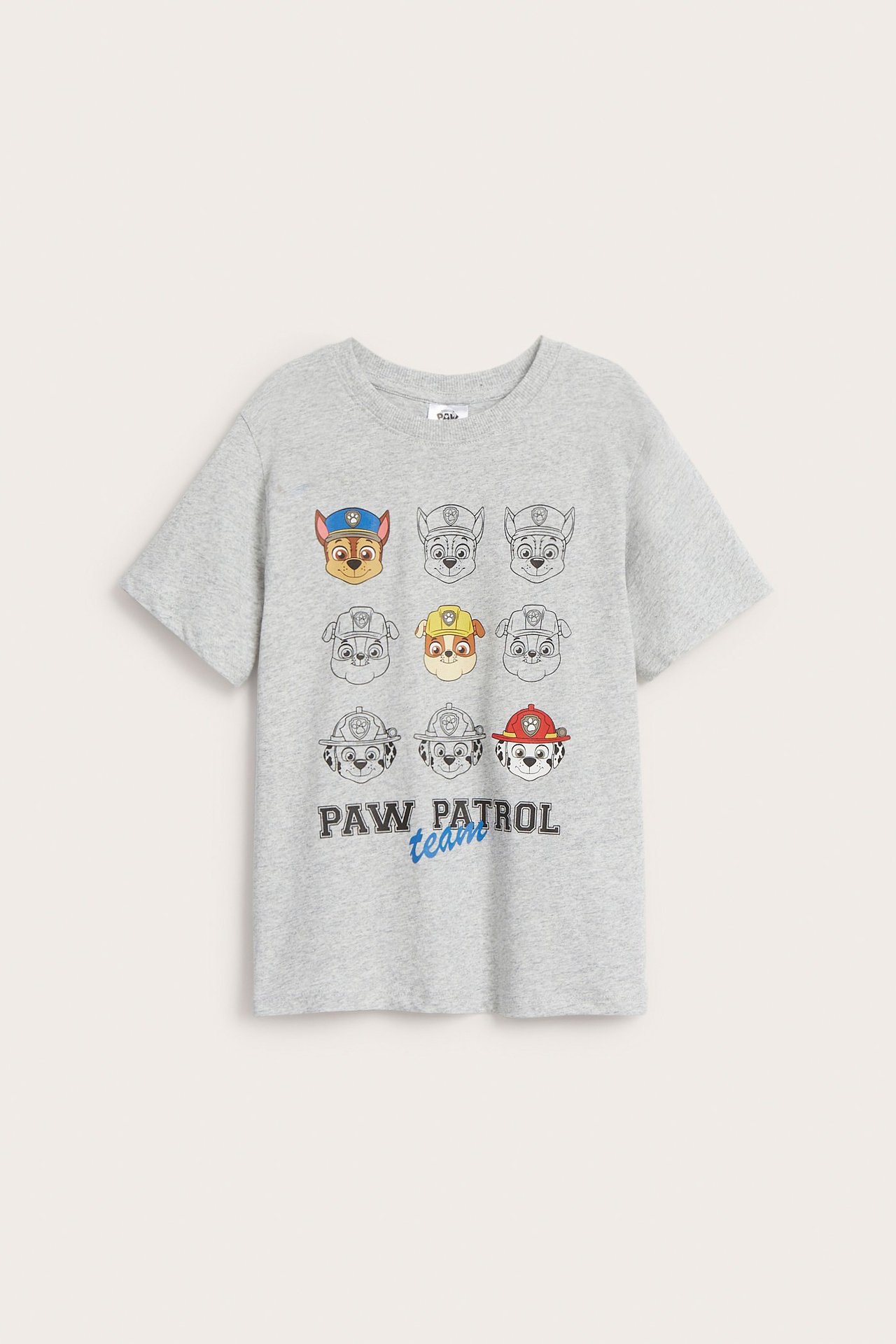 Frontvy av en ljusgrå t-shirt i bomull för barn med stort Paw Patrol-tryck framtill.