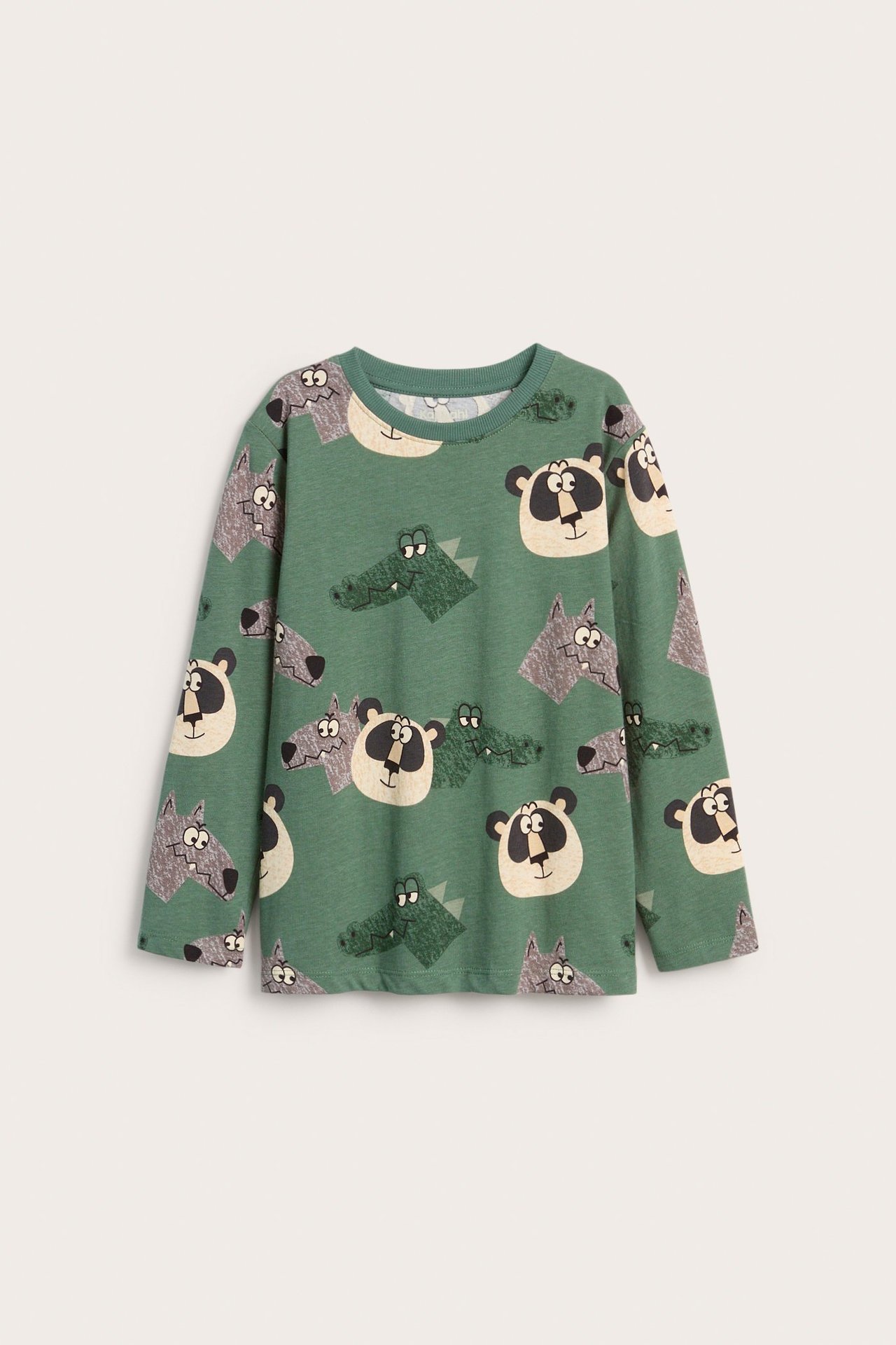 Edestä lasten tummanvihreä puuvillainen pitkähihainen t-paita panda-, alligaattori- ja susiprintillä.
