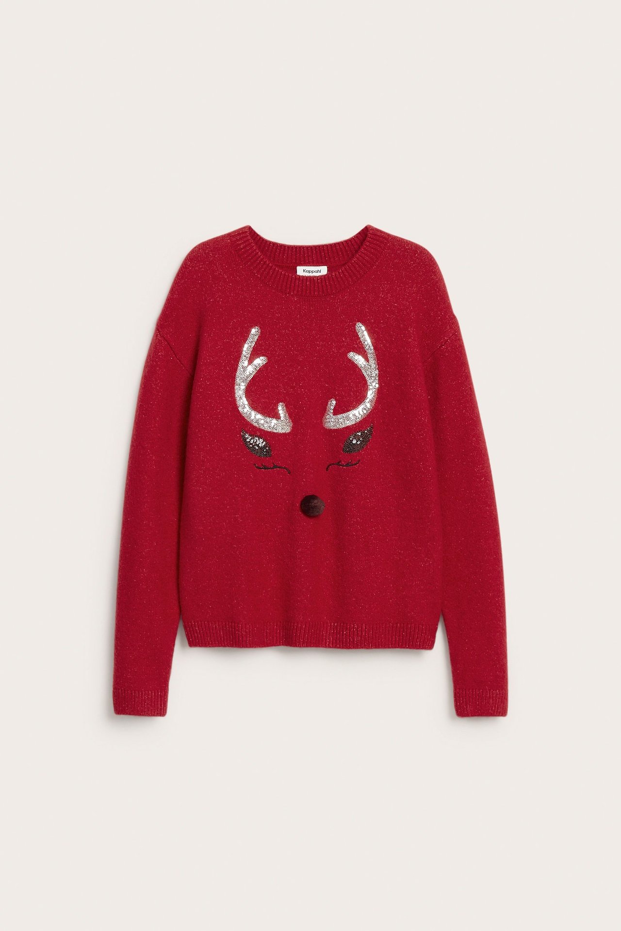 Edestäpäin: Punainen lasten jouluneulepaita kimaltelevilla poronsarvilla ja tupsunenällä.