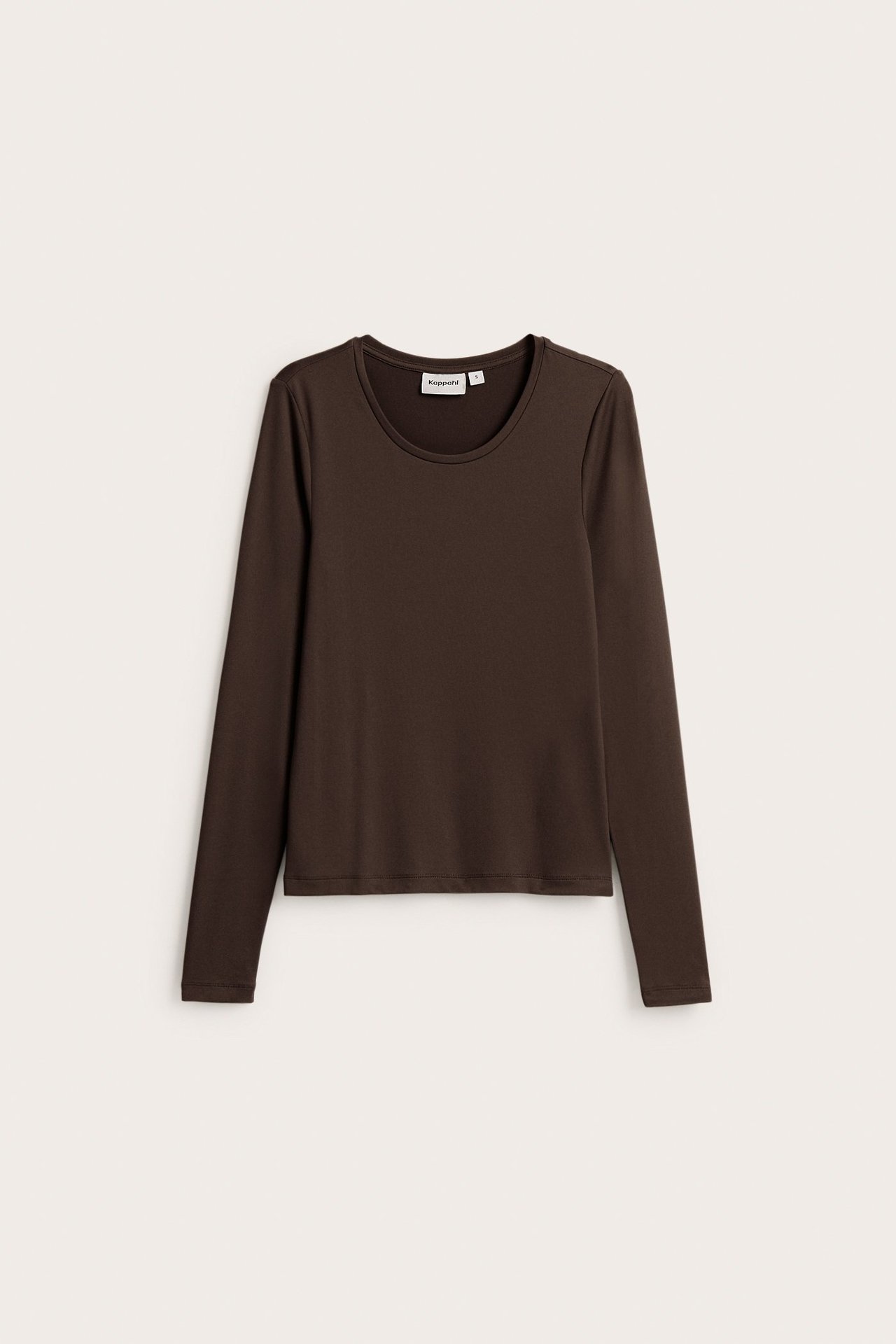 Widok z przodu: ciemnobrązowy, gładki top z długim rękawem i okrągłym dekoltem, z mieszanki poliamidu.