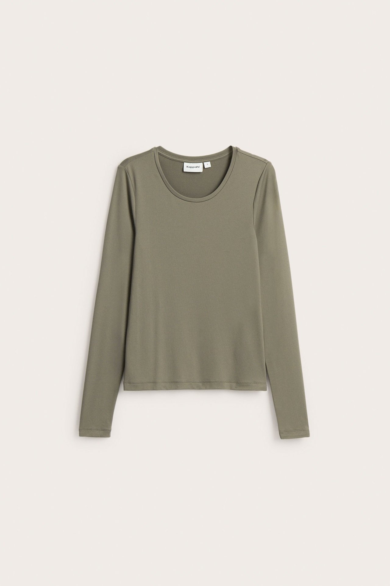 Widok z przodu jednolitego brązowego topu z długim rękawem i okrągłym dekoltem.