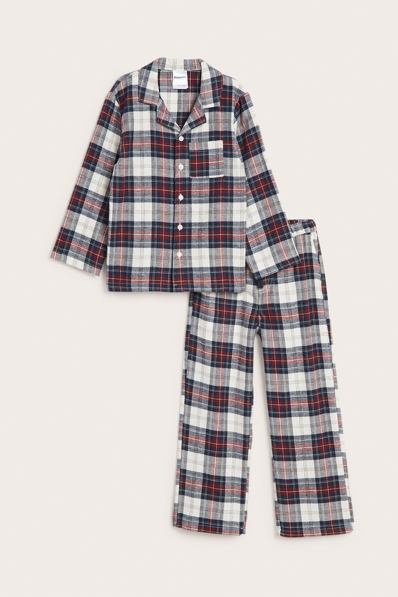 Frontvy av ett off-white, marinblått och rött rutigt flanellpyjamas set: kragad överdel, knappar fram, långbyxor.
