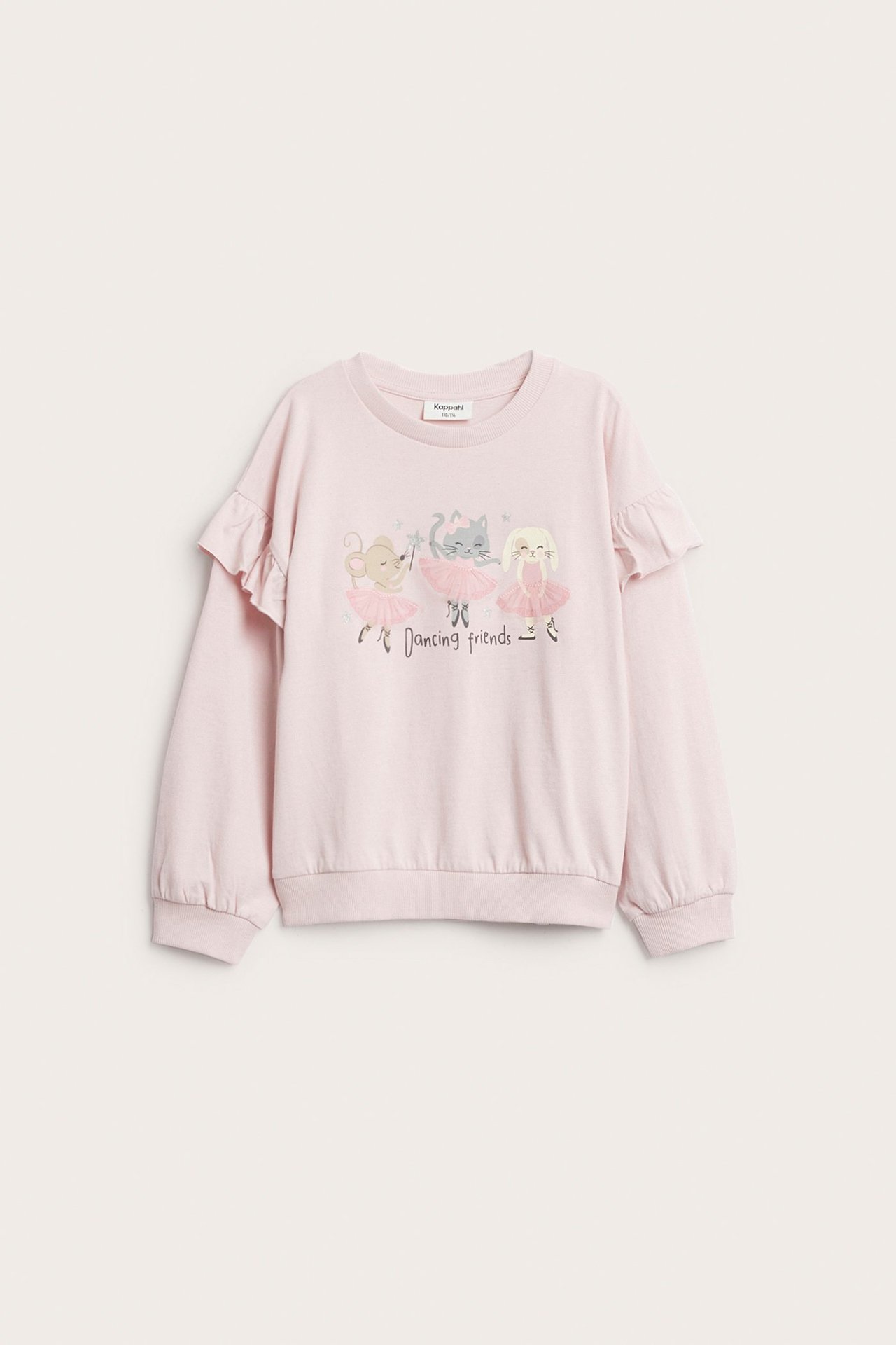 Dziecięcy jasnoróżowy bawełniany top z falbankami na rękawach i nadrukiem 'Dancing Friends', przód.