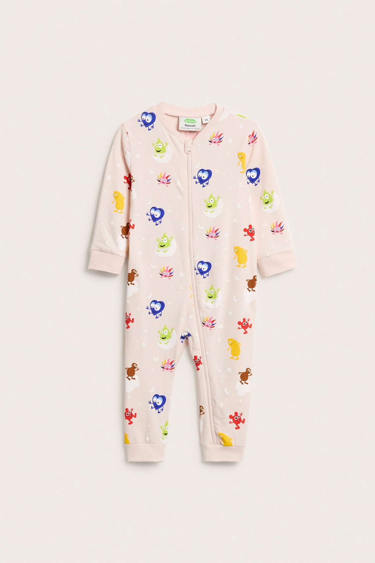 Framsida: Babyrosa mönstrad Babblarna-pyjamas med dragkedja framtill.