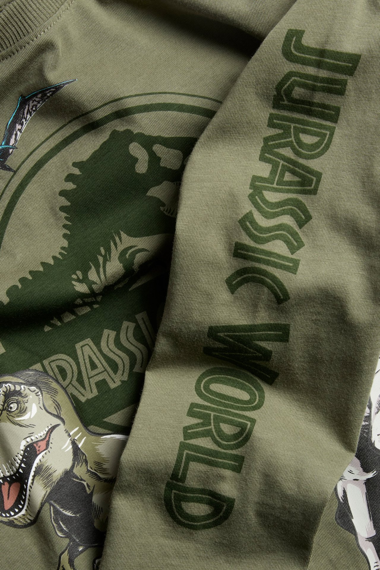 Närbild på en mörkgrön långärmad barntröja i bomull med Jurassic Park-tryck på framsidan och ärmen.